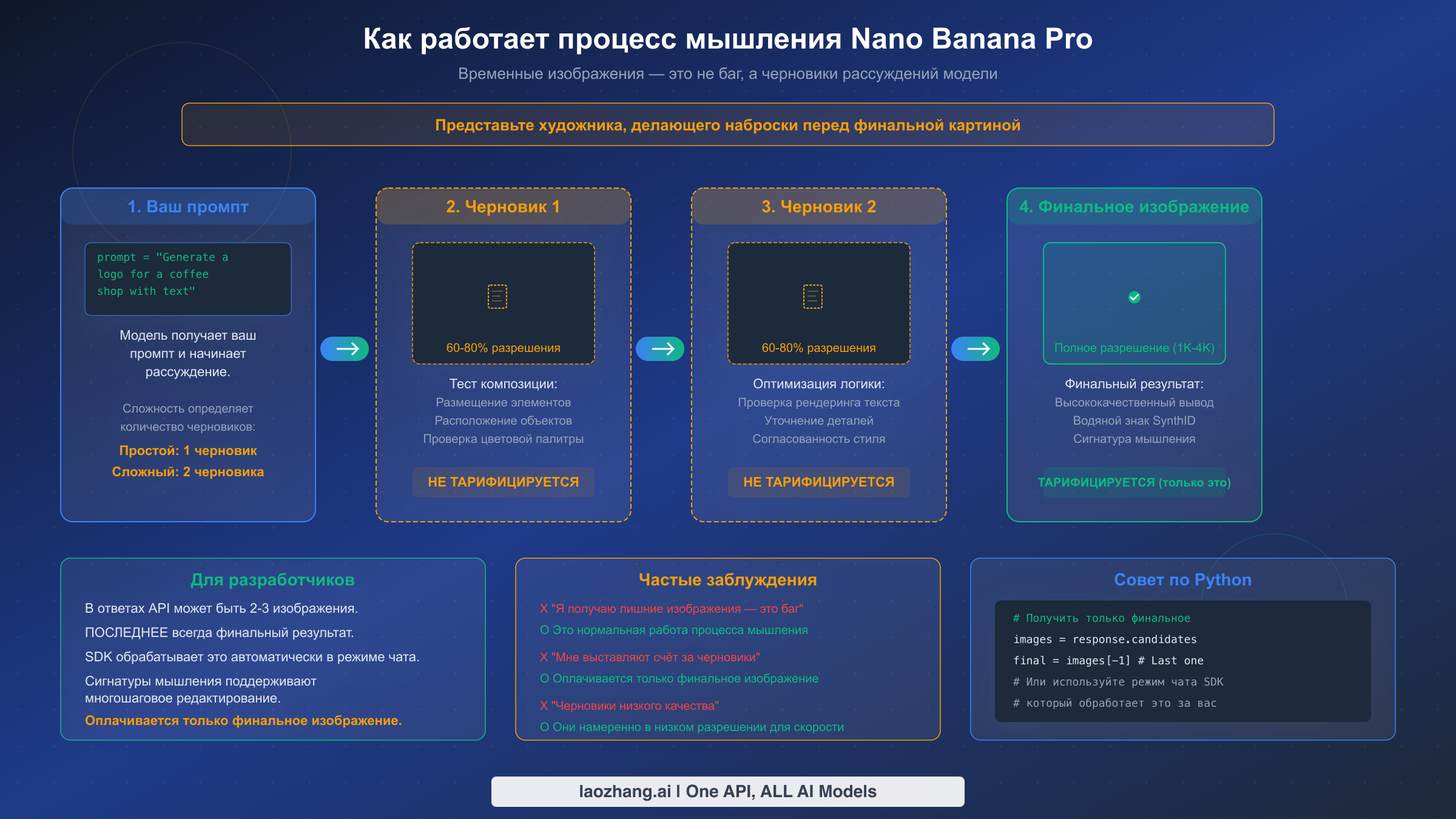 Схема процесса «мышления» Nano Banana Pro, показывающая, как черновые изображения приводят к финальному результату