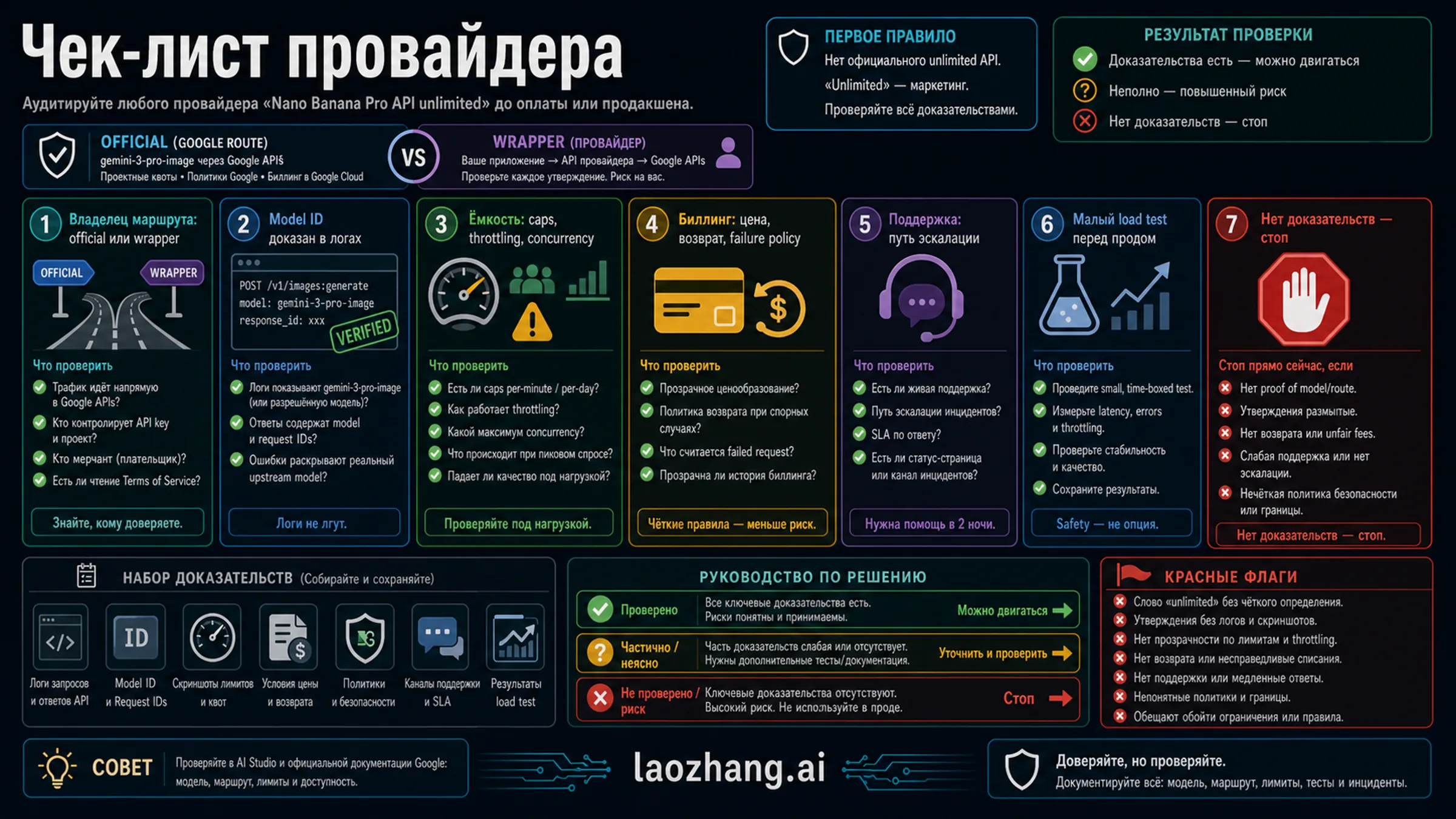 Чеклист проверки провайдера Nano Banana Pro API: модель, емкость, биллинг, ошибки, договор и выход