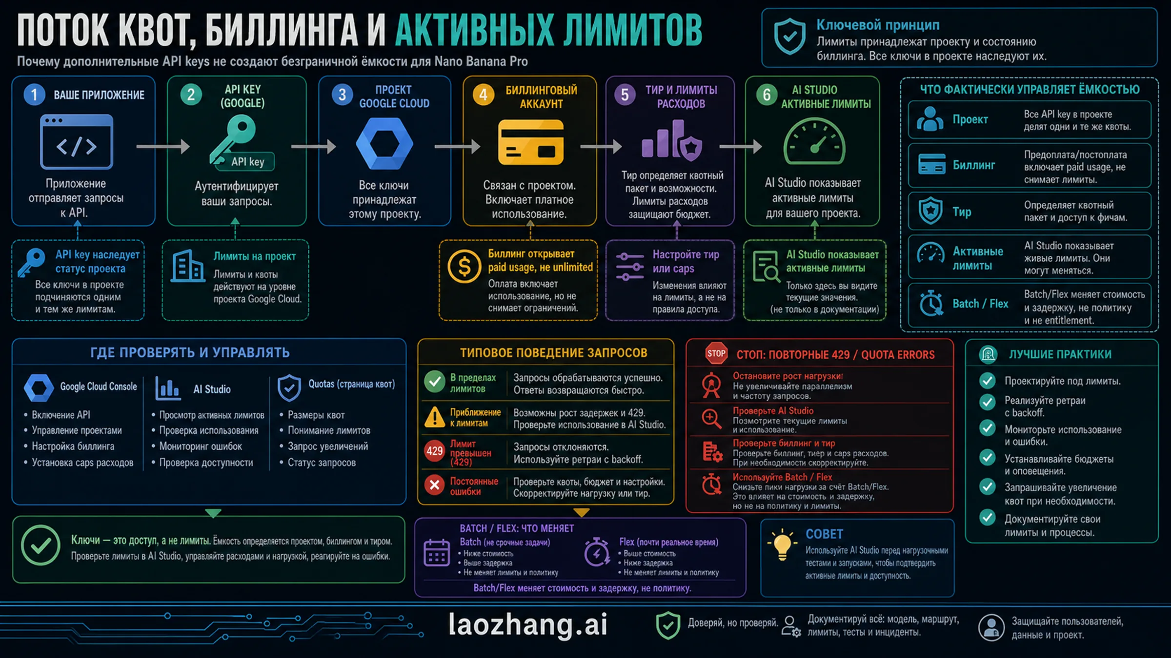 Связь API key, проекта, billing, активных лимитов и Batch/Flex для Nano Banana Pro API