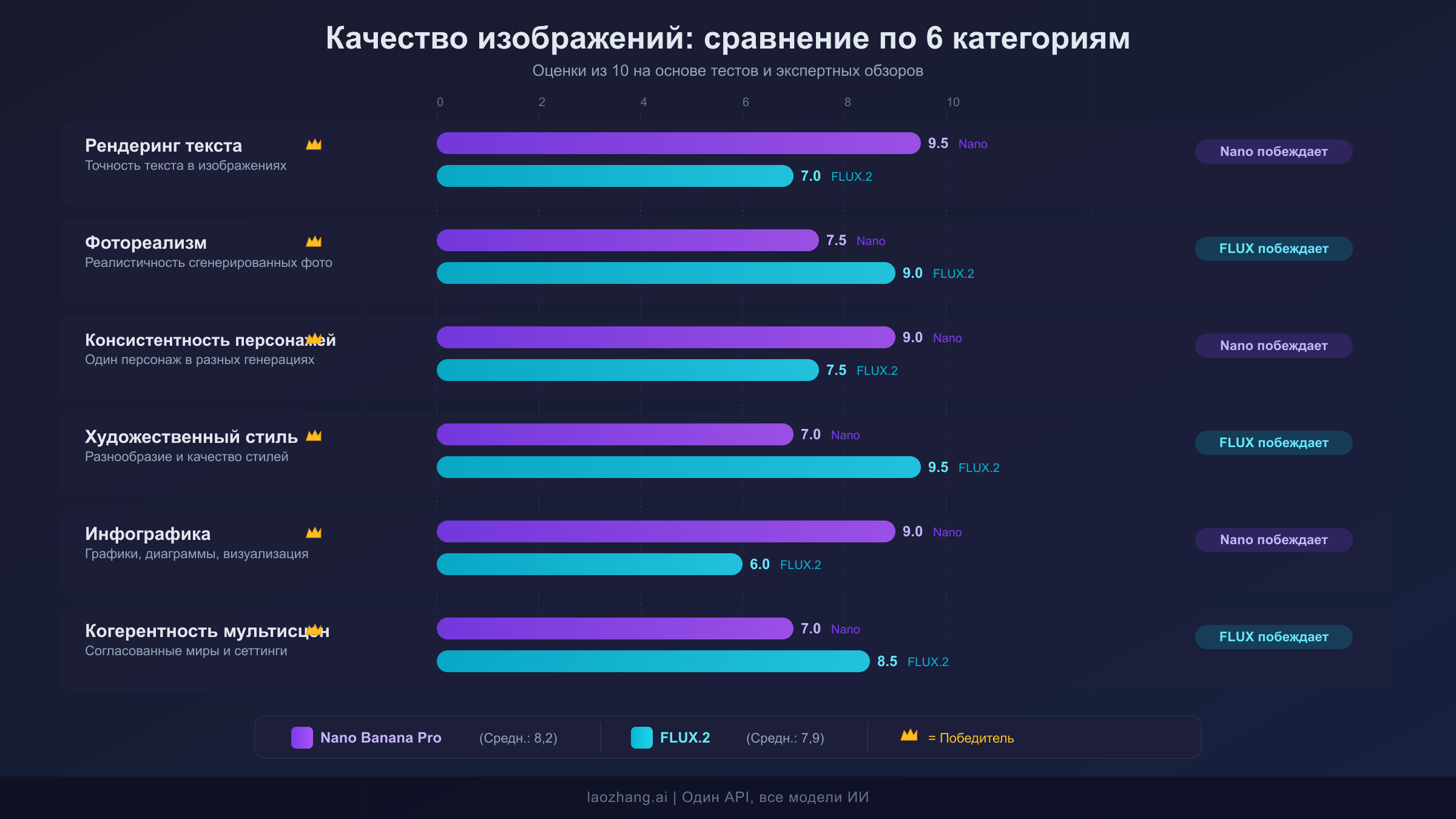 Визуальная оценочная карта сравнения Nano Banana Pro и FLUX.2 по шести категориям качества изображений