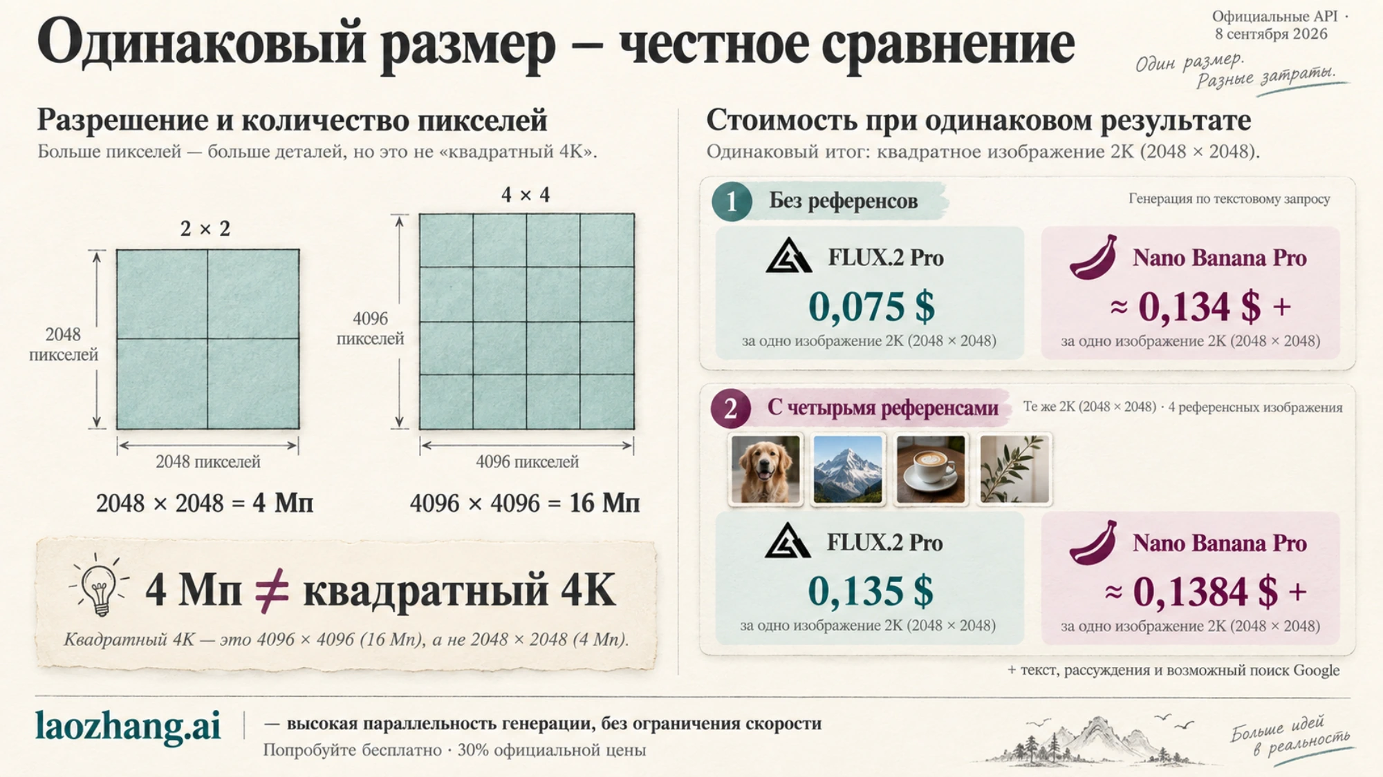Сопоставление квадратных размеров 4 Мп и 4K и стоимости 2K с референсами и без них