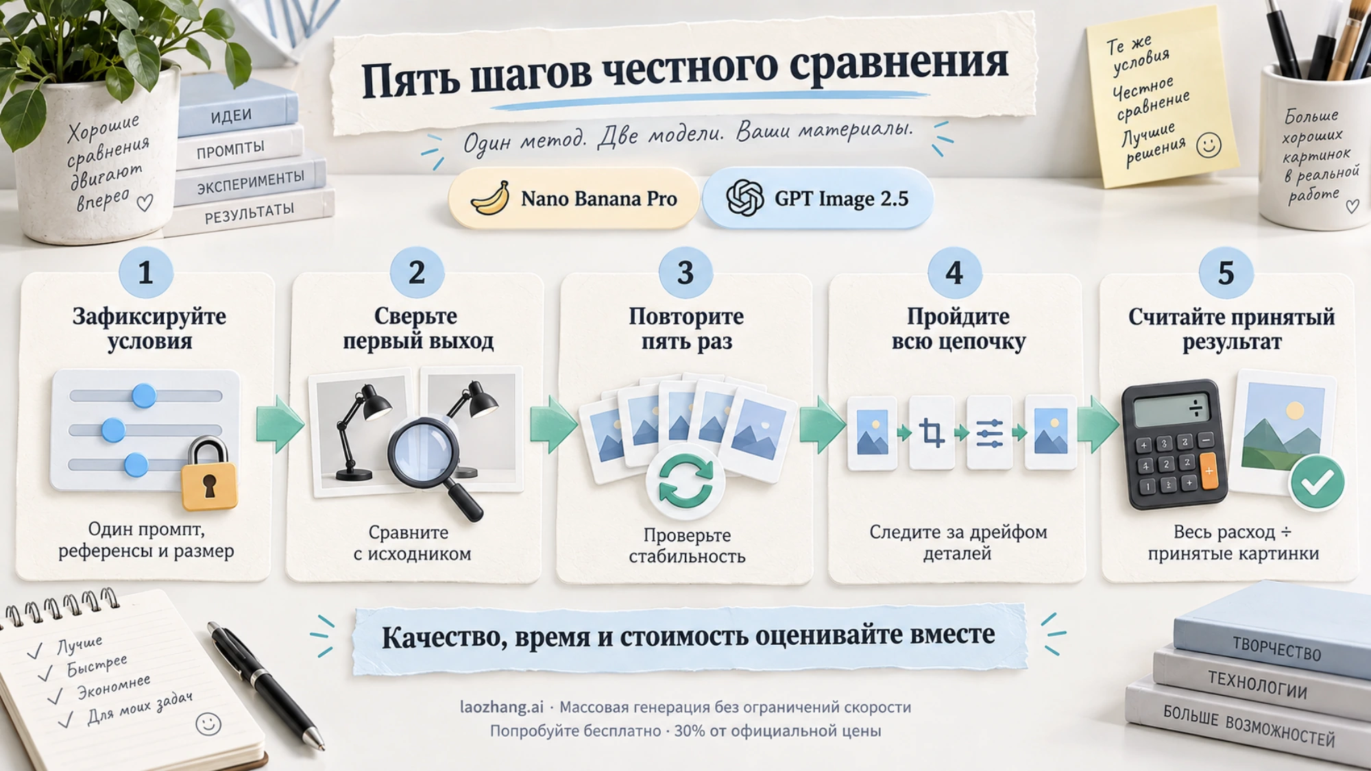 Пять шагов сравнения Nano Banana Pro и GPT Image 2.5 на своих материалах: зафиксировать всё, кроме модели, сравнить первый выход с исходником, повторить пять раз, прогнать всю цепочку правок, посчитать стоимость принятой картинки