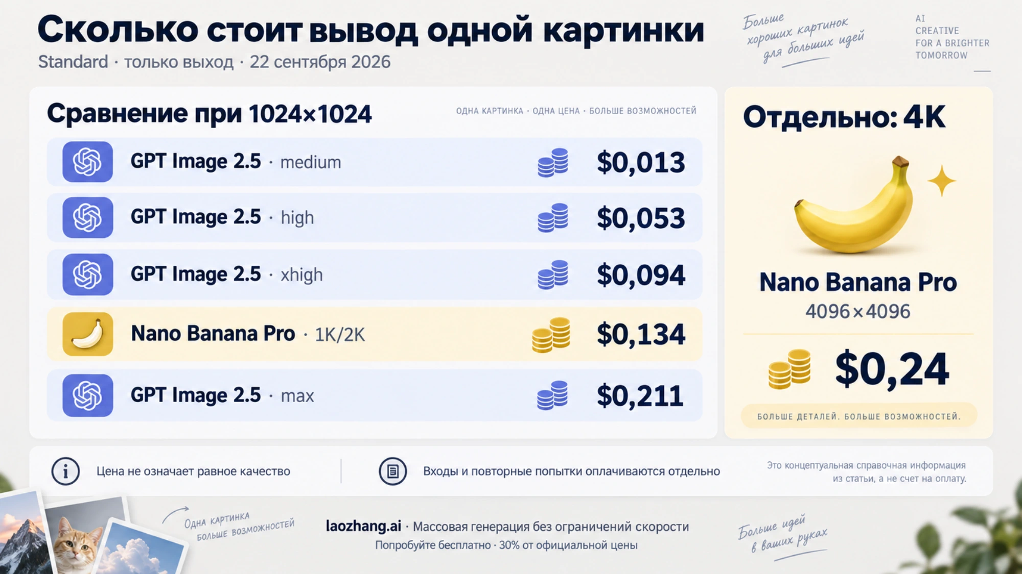 Оценка стоимости одного изображения при 1024×1024: GPT Image 2.5 от $0,013 на medium до $0,211 на max, Nano Banana Pro $0,134 за 1K/2K и $0,24 за 4K, только вывод, Standard, 22 сентября 2026