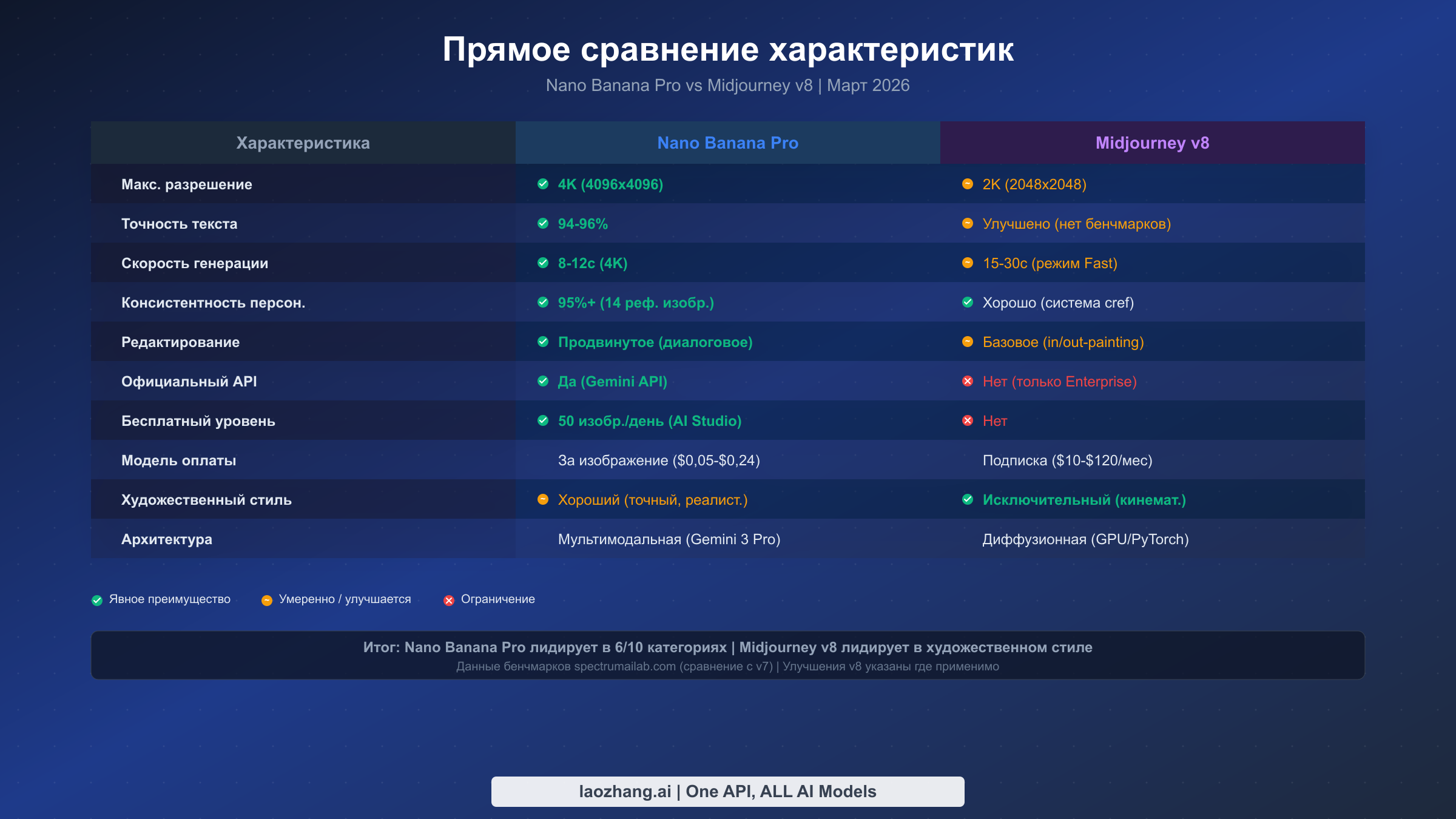 Сравнительная таблица характеристик: Nano Banana Pro лидирует в 6 из 10 категорий против Midjourney v8