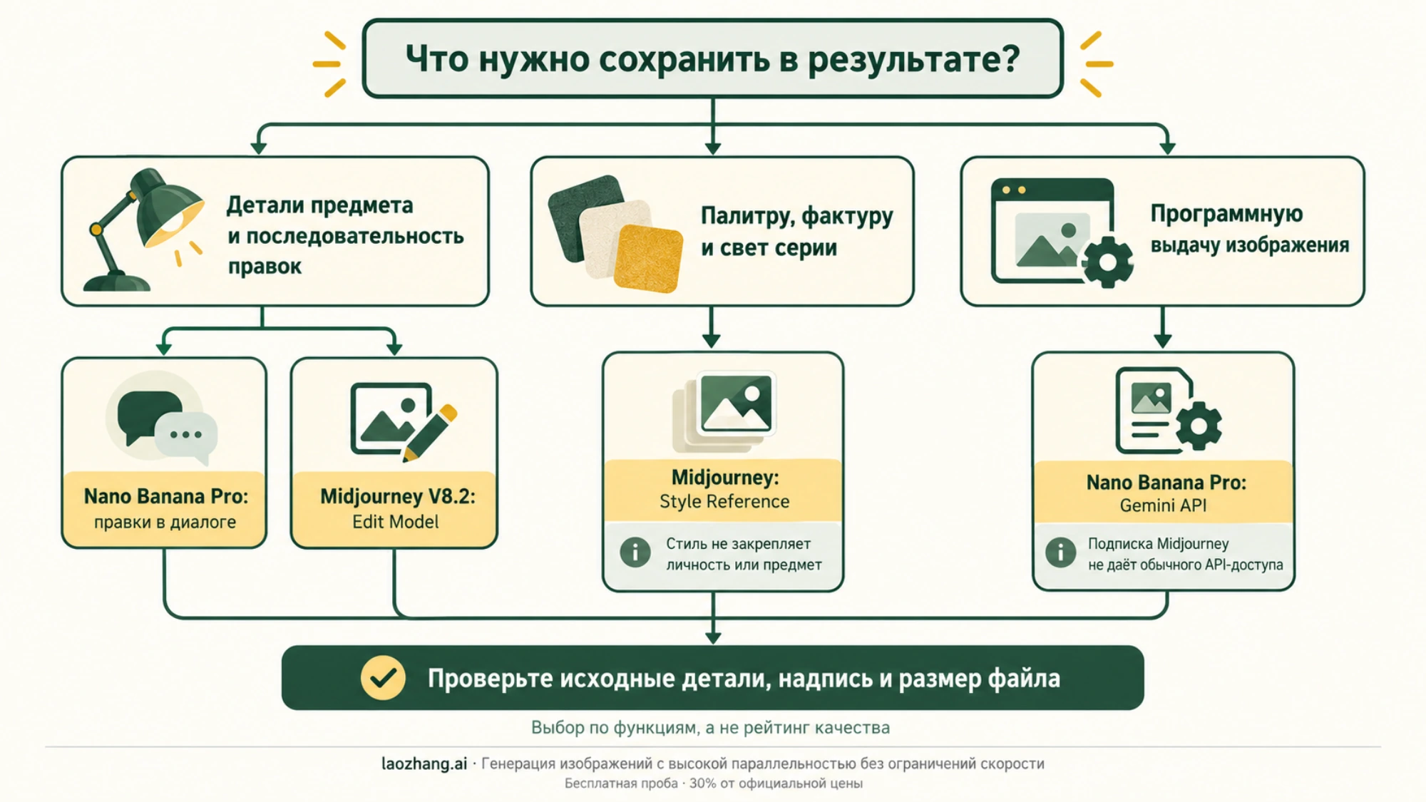 Редакционная схема выбора между Nano Banana Pro и Midjourney v8