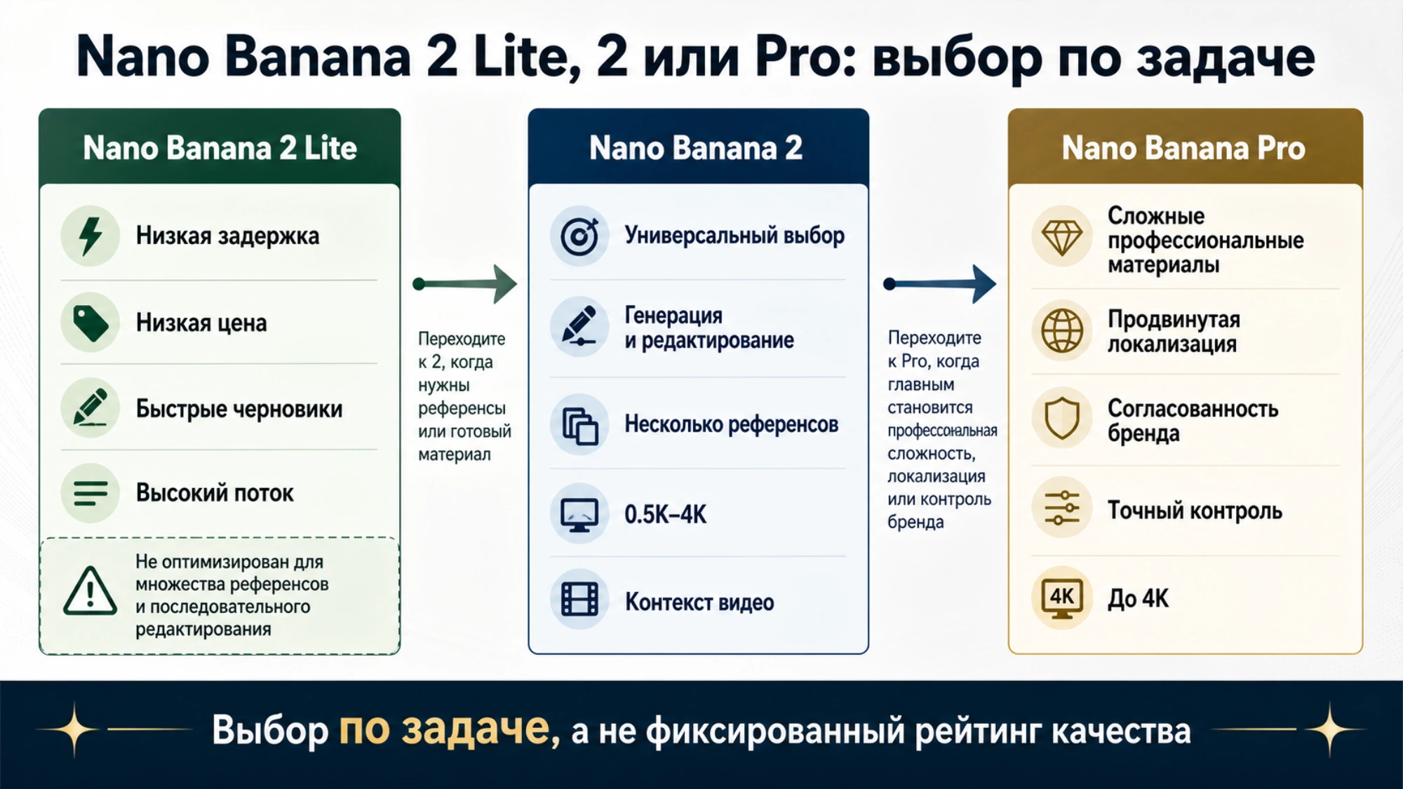 Возможности и подходящие задачи Nano Banana 2 Lite, Nano Banana 2 и Nano Banana Pro