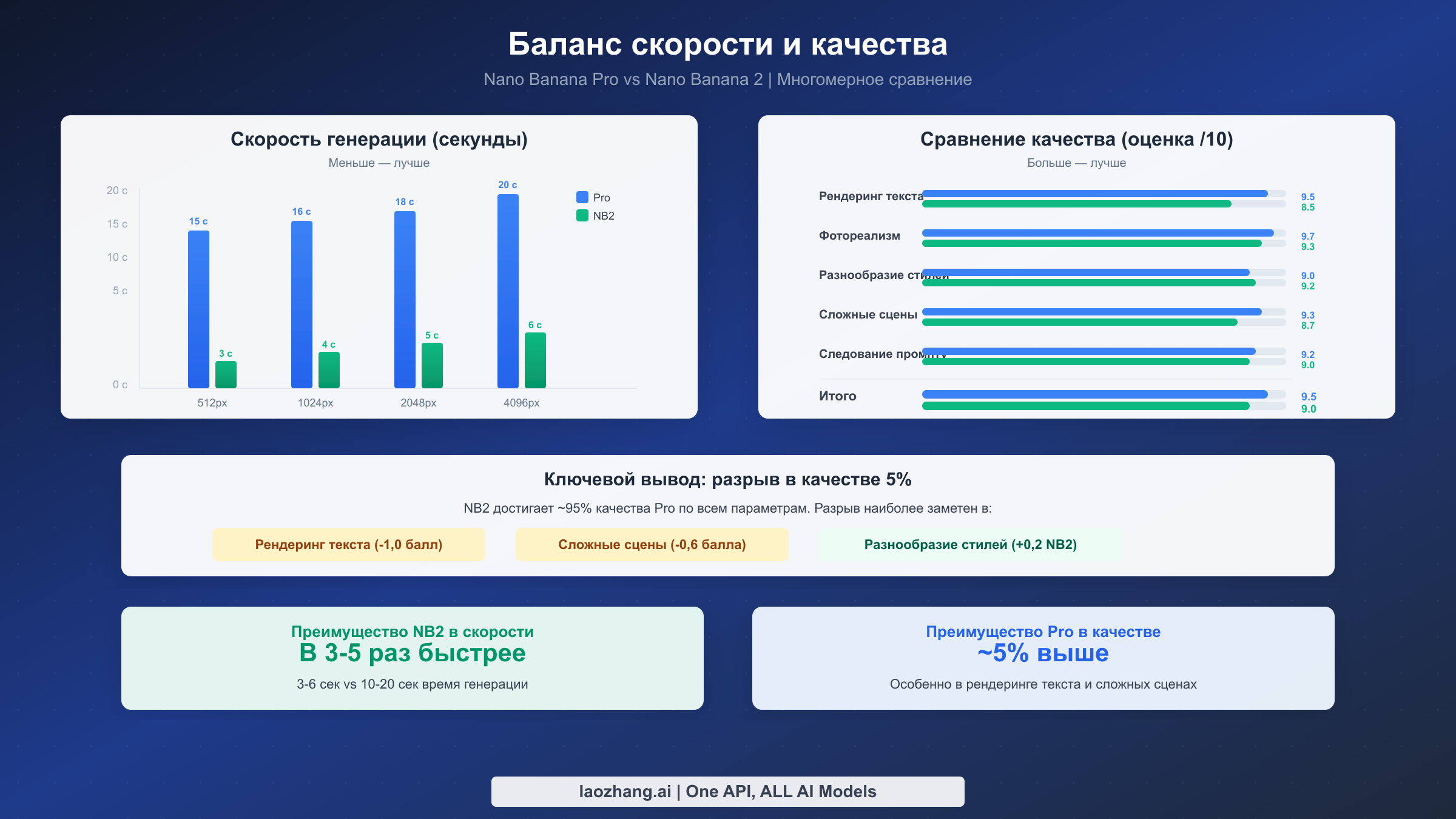 Сравнение скорости и качества Nano Banana Pro и Nano Banana 2 с указанием времени генерации и показателей качества