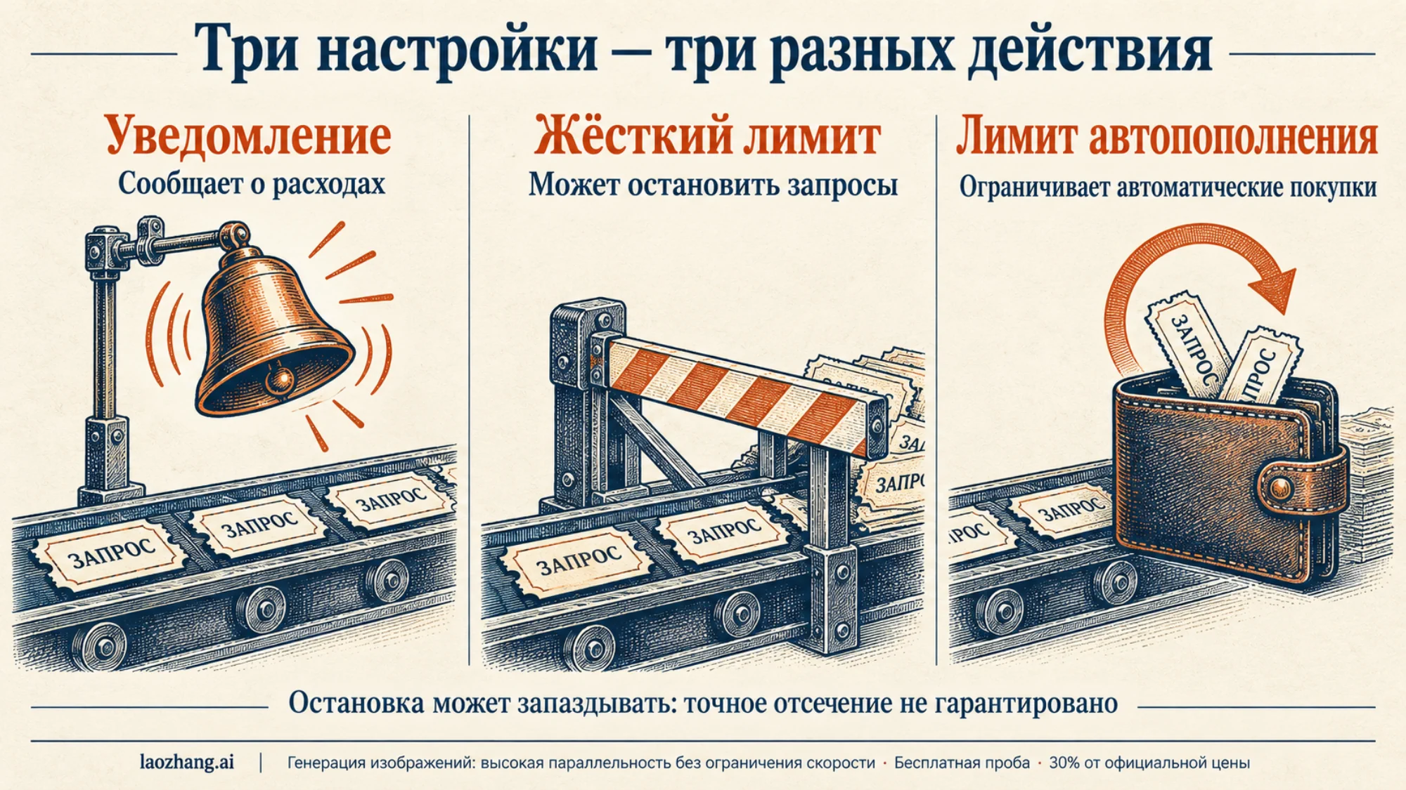 Уведомление о расходах, жёсткий лимит и ограничение автопополнения выполняют разные задачи