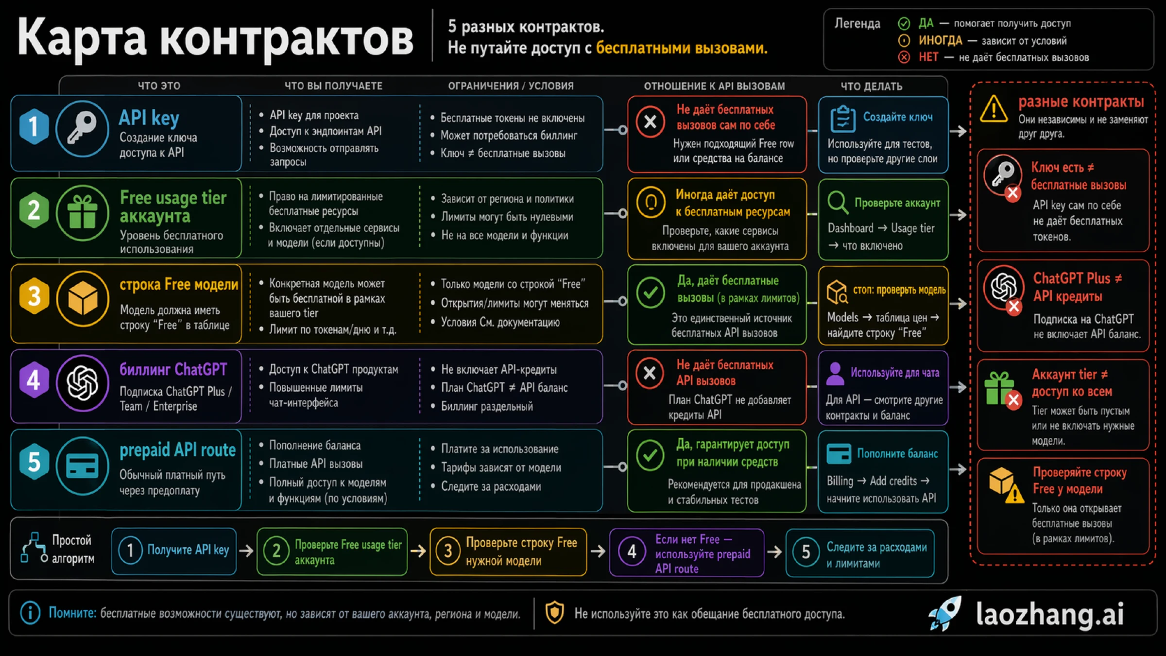 Contract map showing separate layers for API key creation, ChatGPT billing, limited free API surfaces, and normal prepaid paid usage