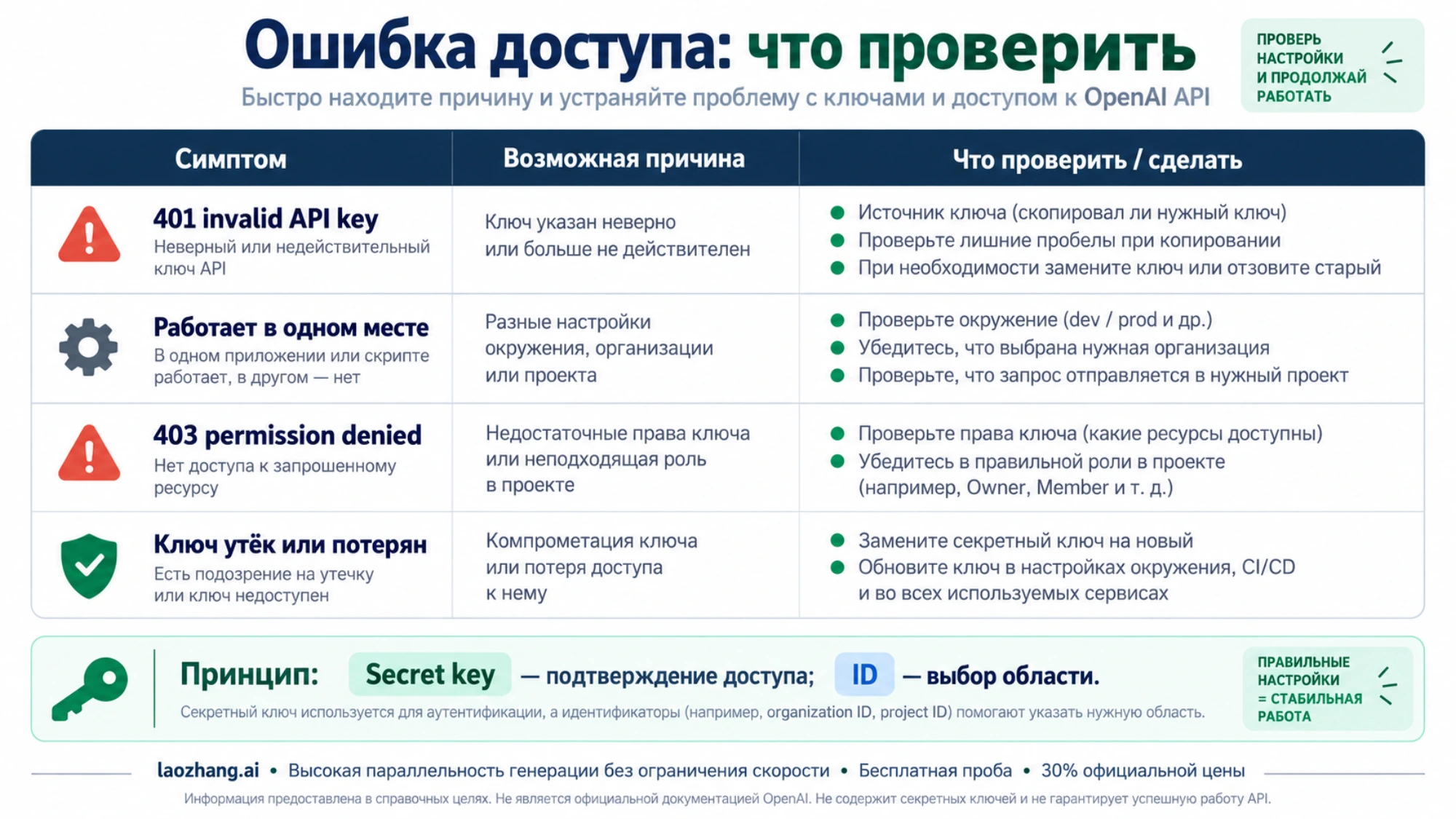 Проверки ключа, области запроса, прав и замены секрета при ошибках доступа