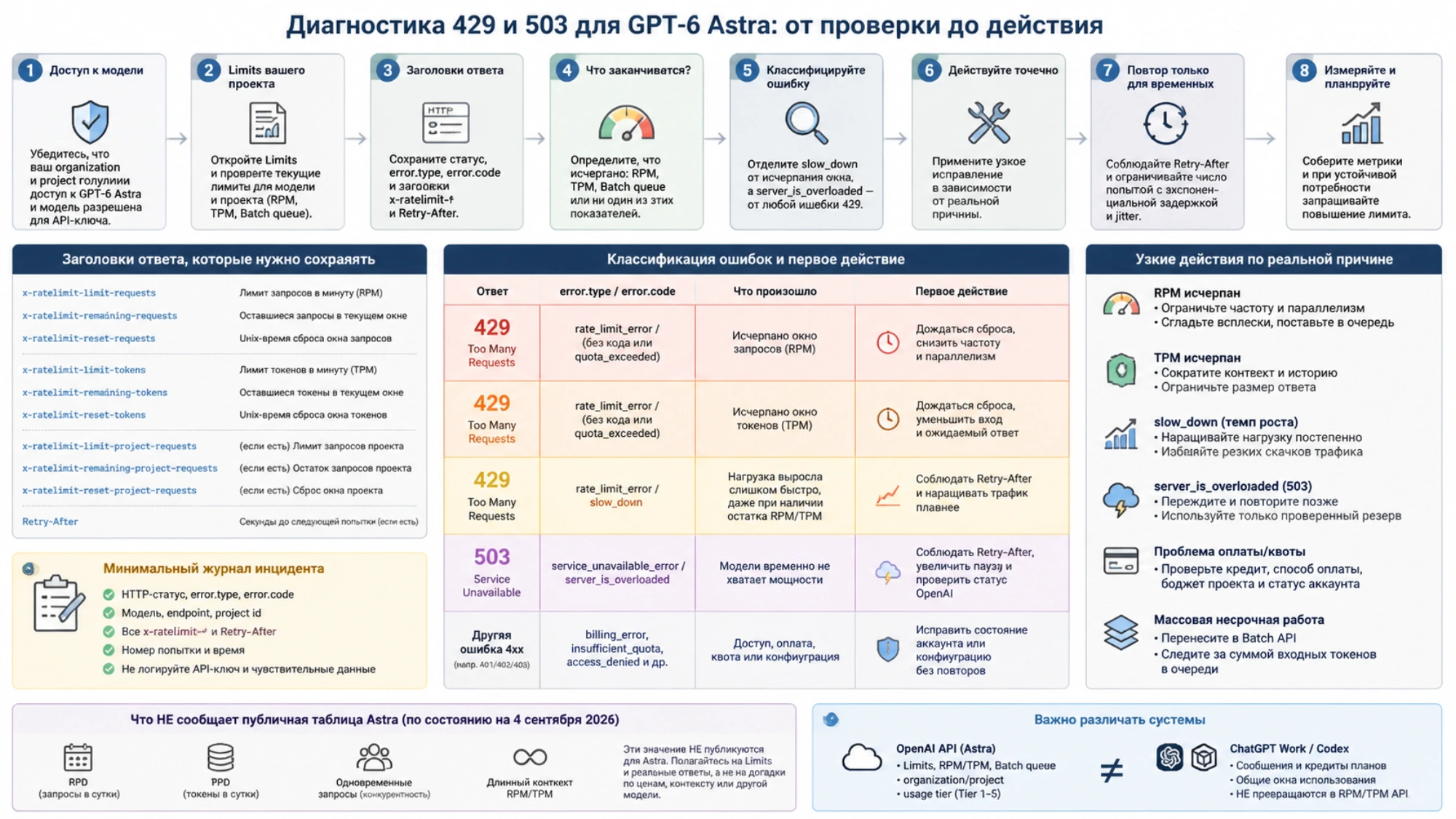 Пошаговая диагностика GPT-6 Astra: доступ проекта, Limits, заголовки ответа, 429, 503 и точечные действия