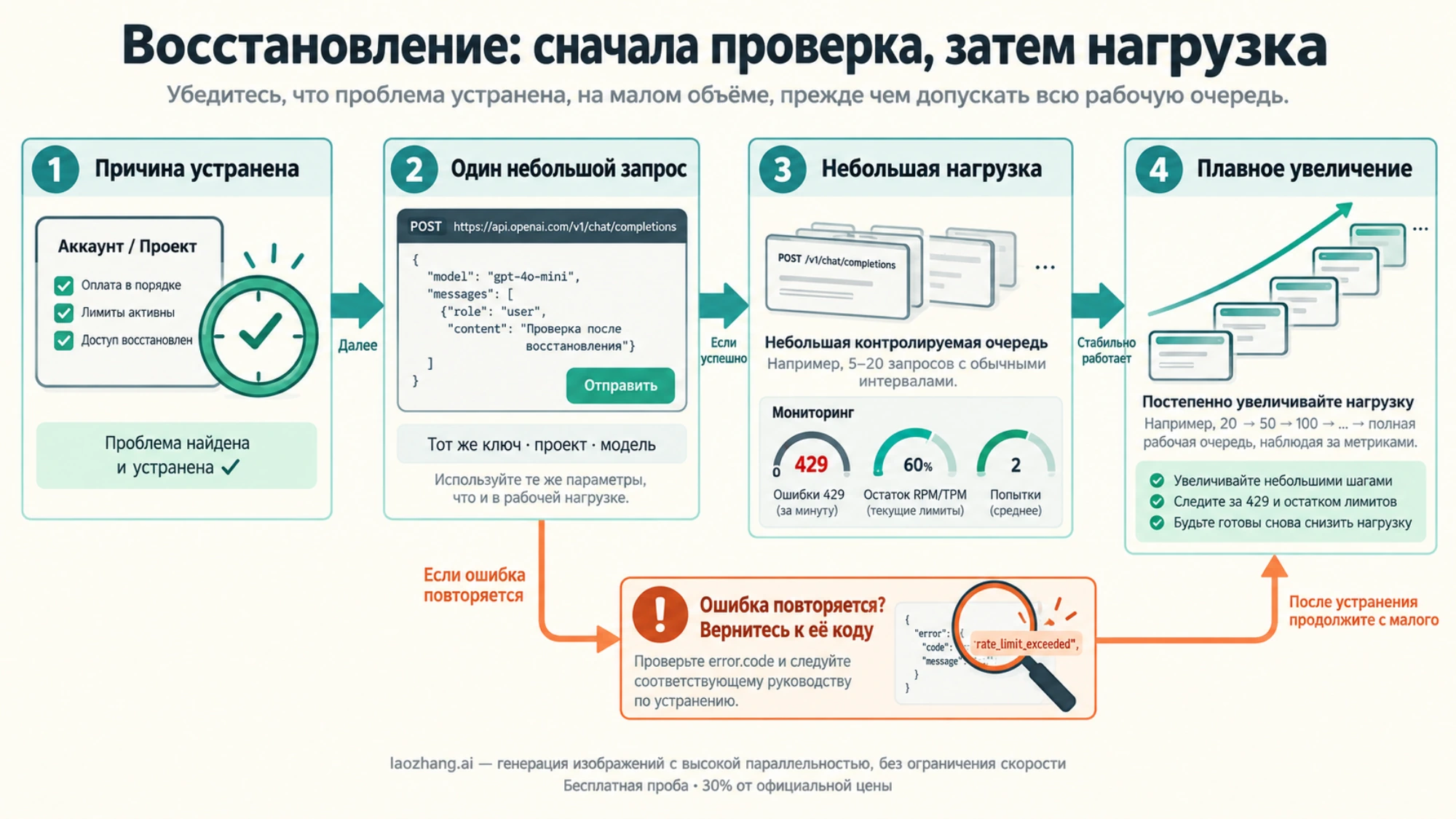 Восстановление запросов после 429: одиночная проверка, небольшая нагрузка, наблюдение за лимитами и постепенное увеличение потока