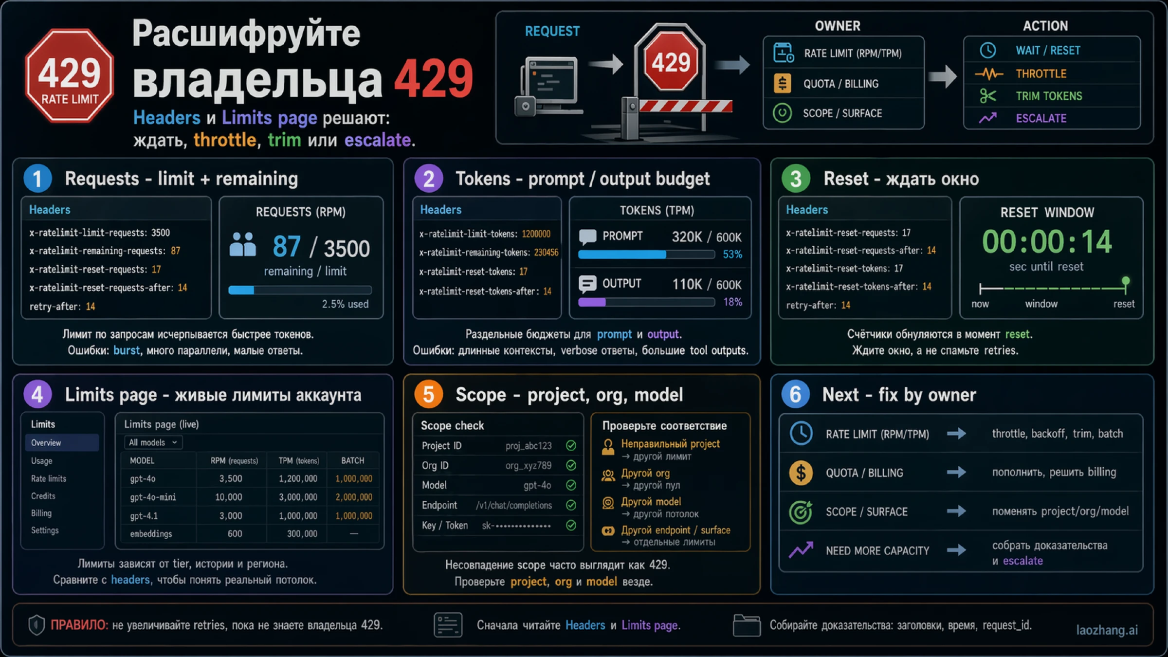 Карта чтения headers: лимиты запросов, лимиты токенов, reset timers и страница Limits проверяются отдельно
