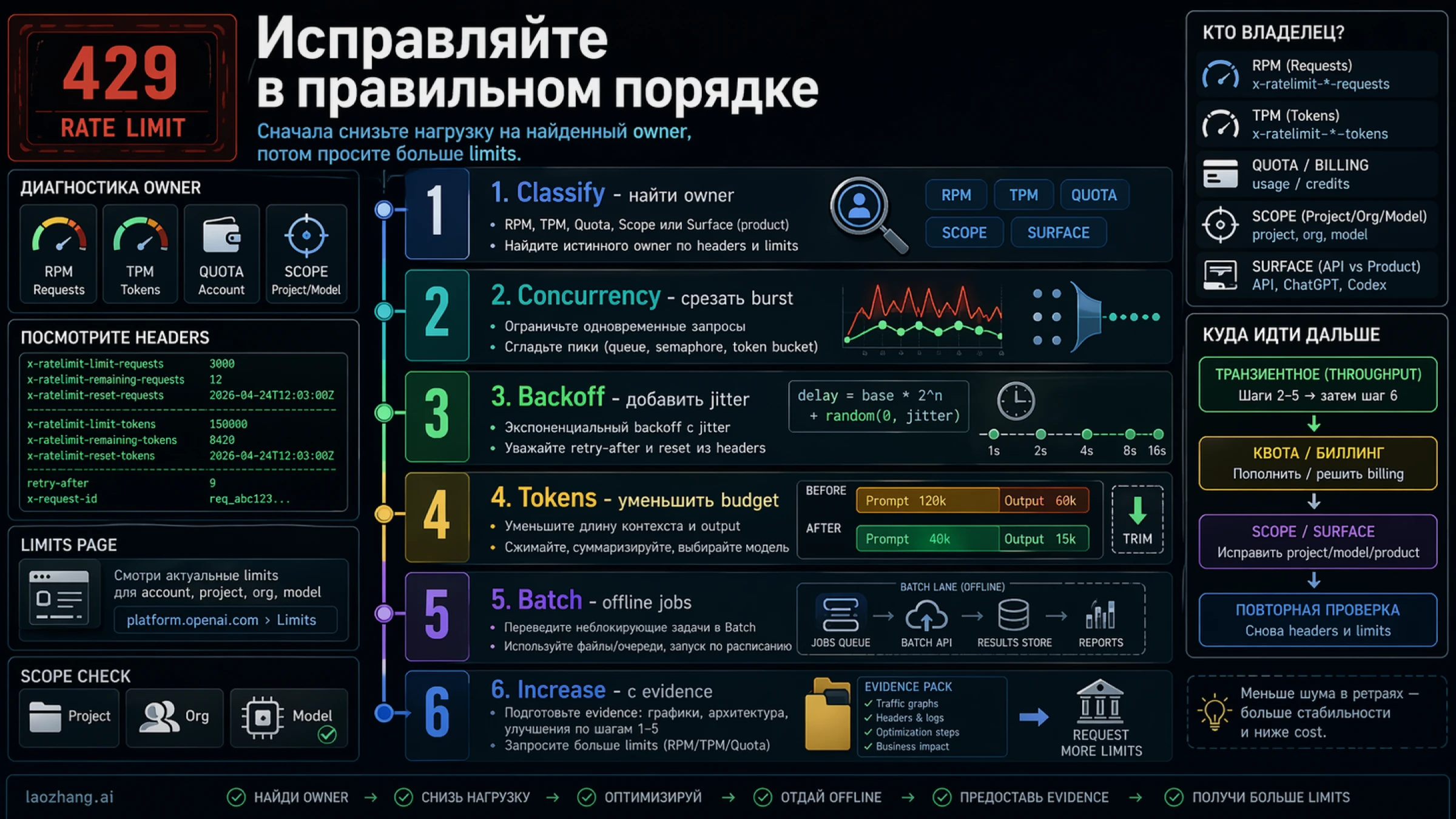 Лестница смягчения OpenAI API 429: классификация owner, concurrency, backoff, trim tokens, batch, request higher limits