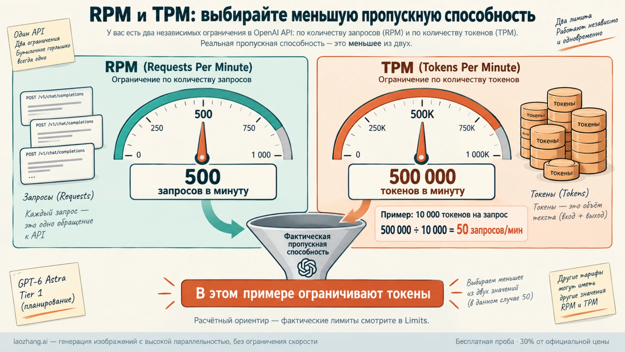Пример расчёта пропускной способности: при 500 RPM, 500 000 TPM и 10 000 токенов на запрос ограничение токенов даёт 50 запросов в минуту