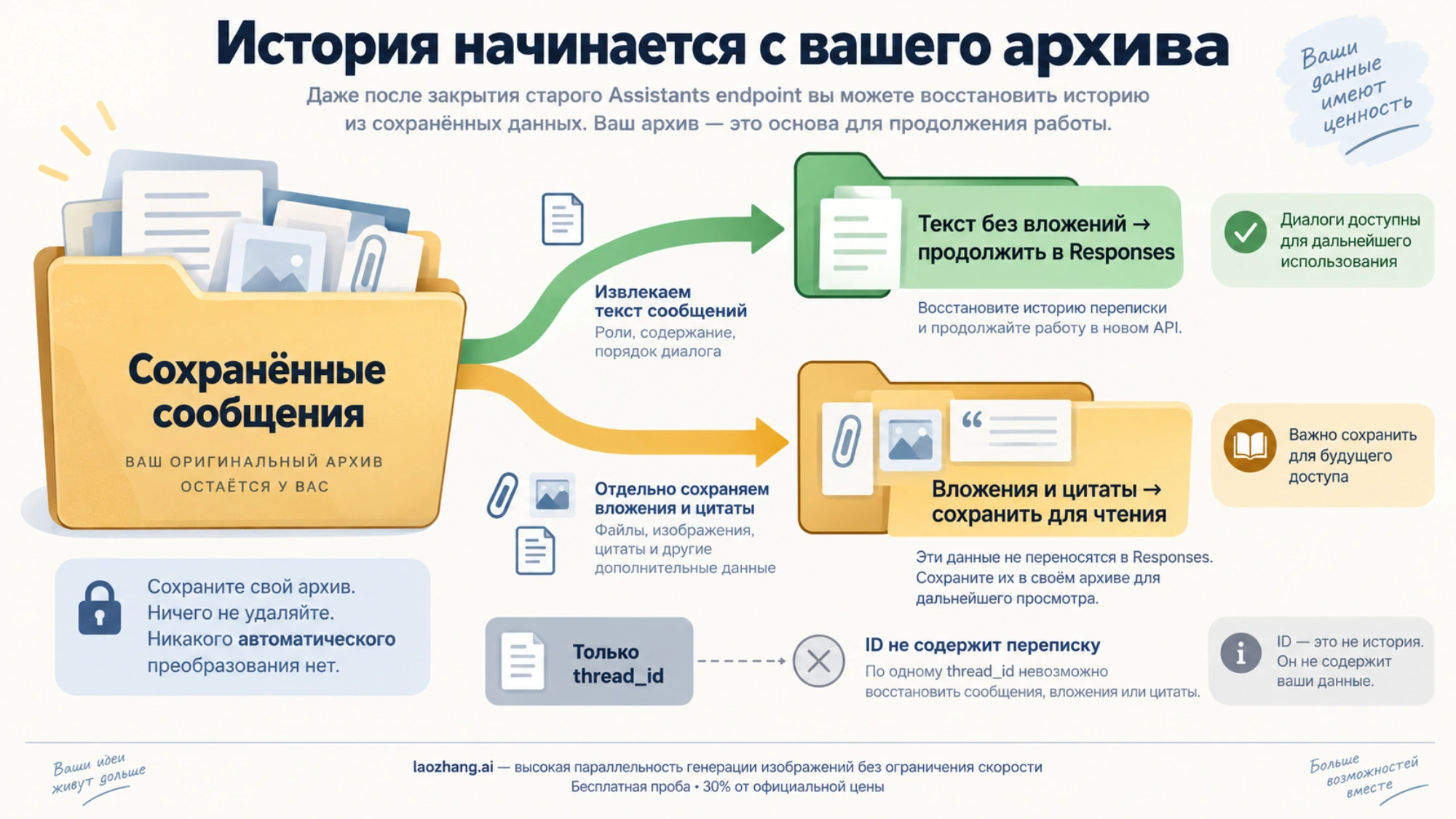 Сохранённая история: текстовые сообщения можно подготовить для Responses, а вложения и цитаты остаются в архиве для чтения