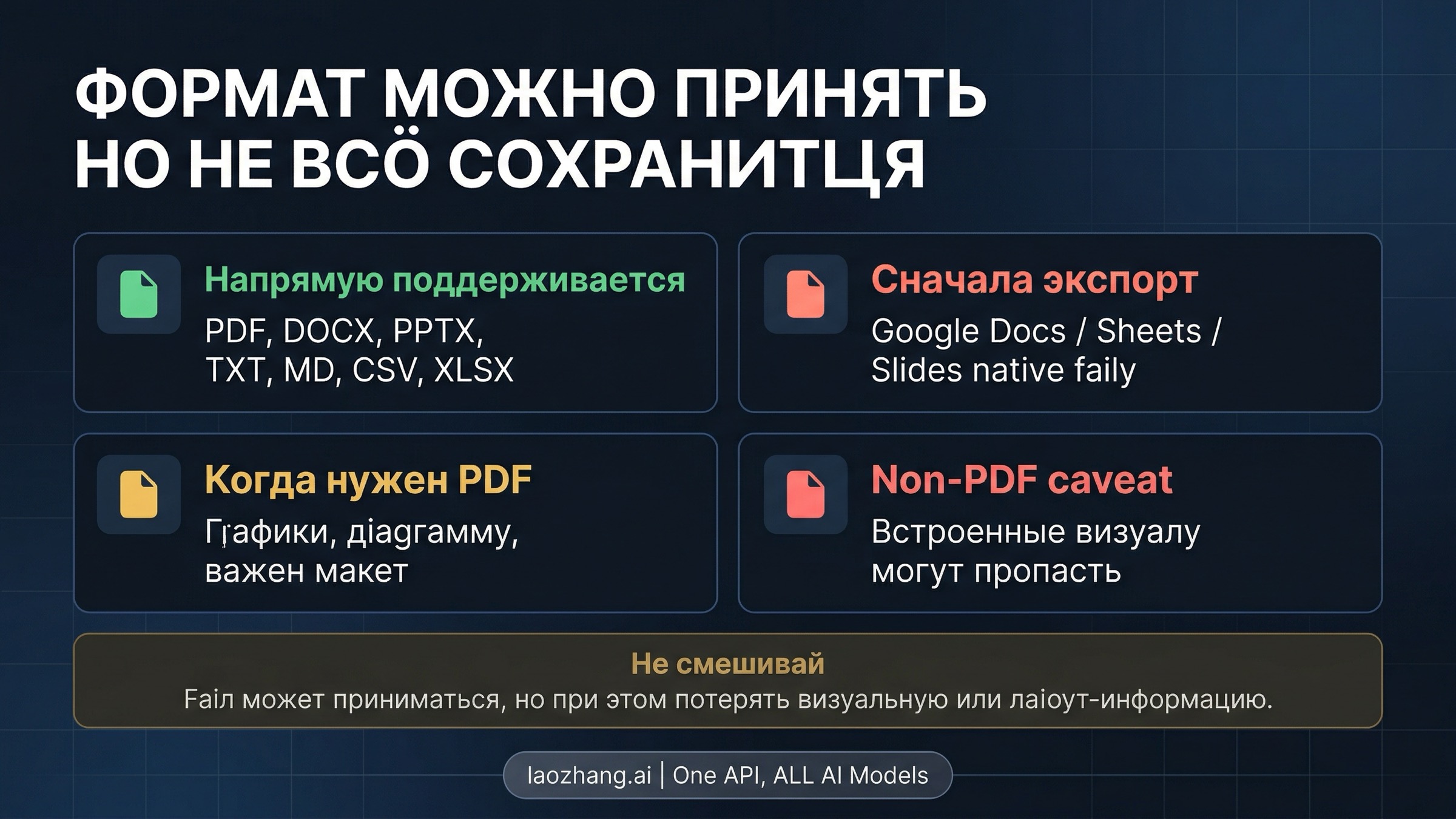 Матрица форматов OpenAI, разделяющая поддерживаемые файлы и случаи, где PDF все еще лучше