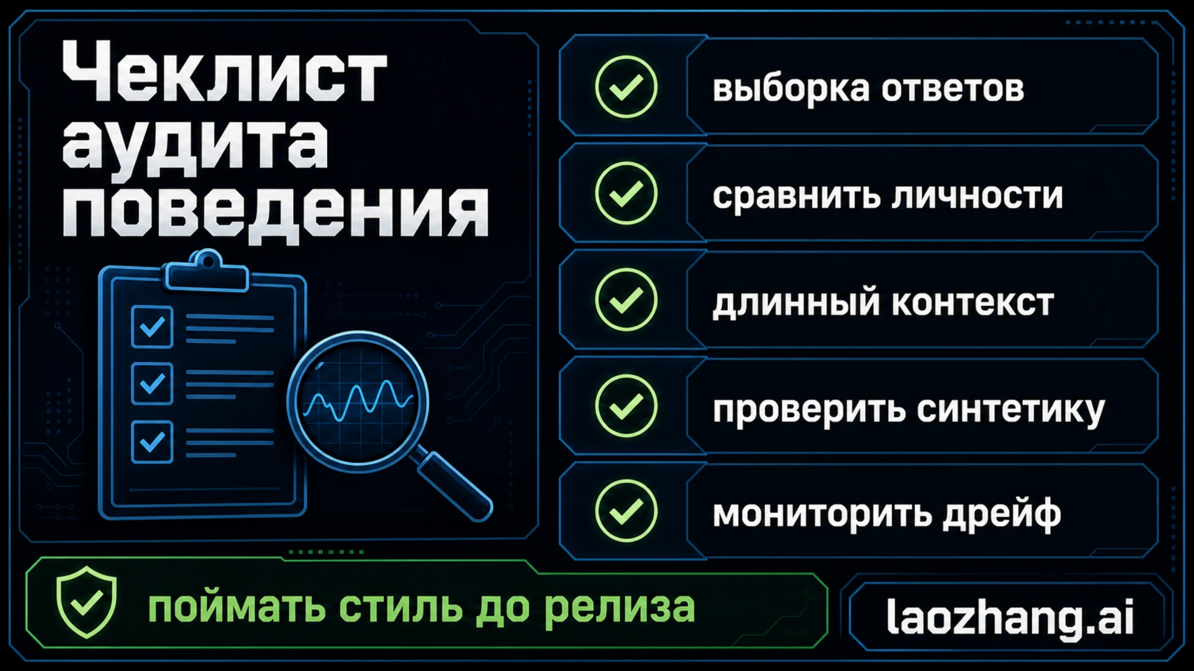 Чеклист аудита поведения модели: sampling, сравнение персональностей, длинный контекст, synthetic data, prompt containment и drift monitoring