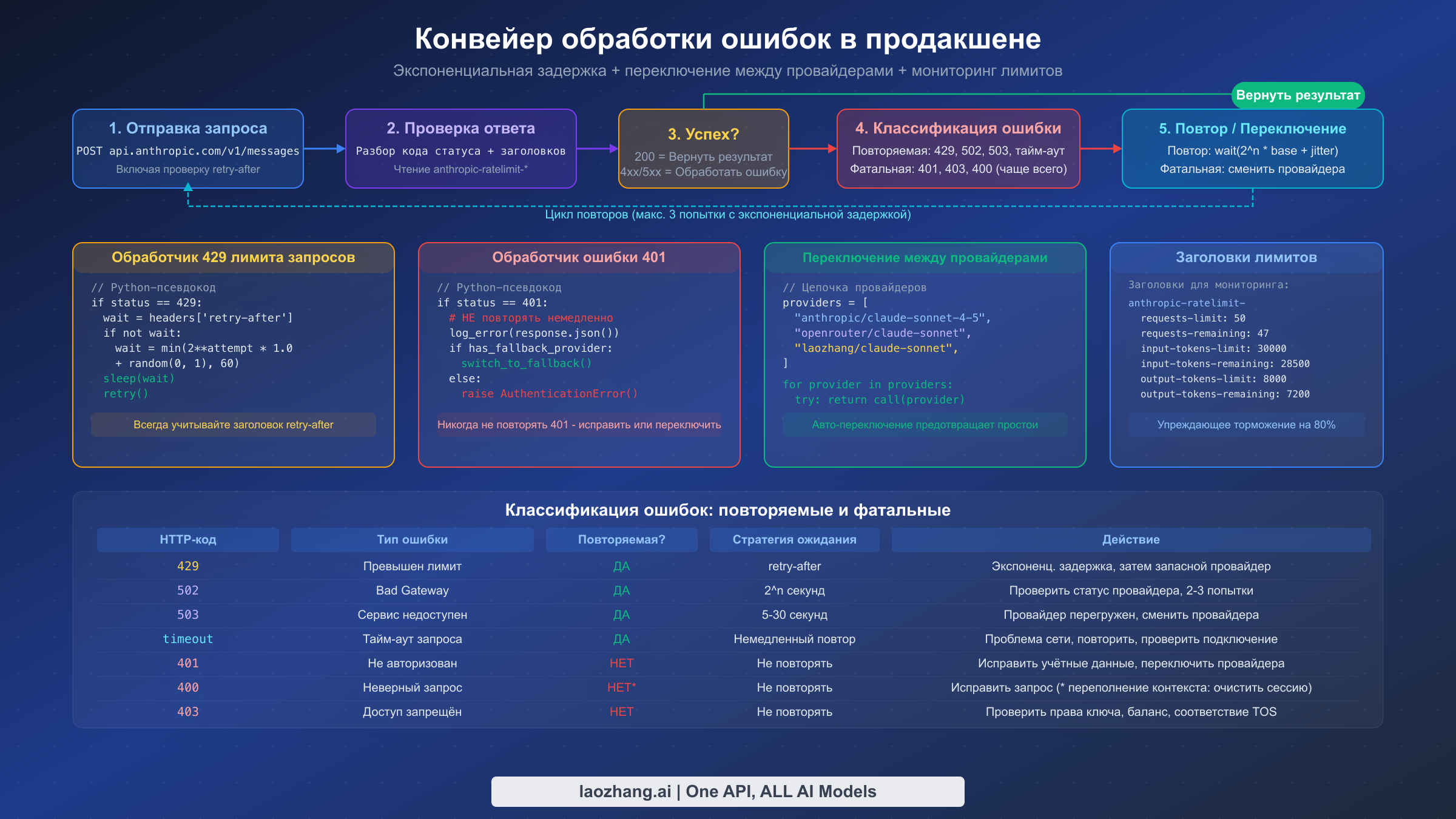Конвейер обработки ошибок в продакшене с классификацией повторных попыток, обработчиками 429/401 и переключением между провайдерами