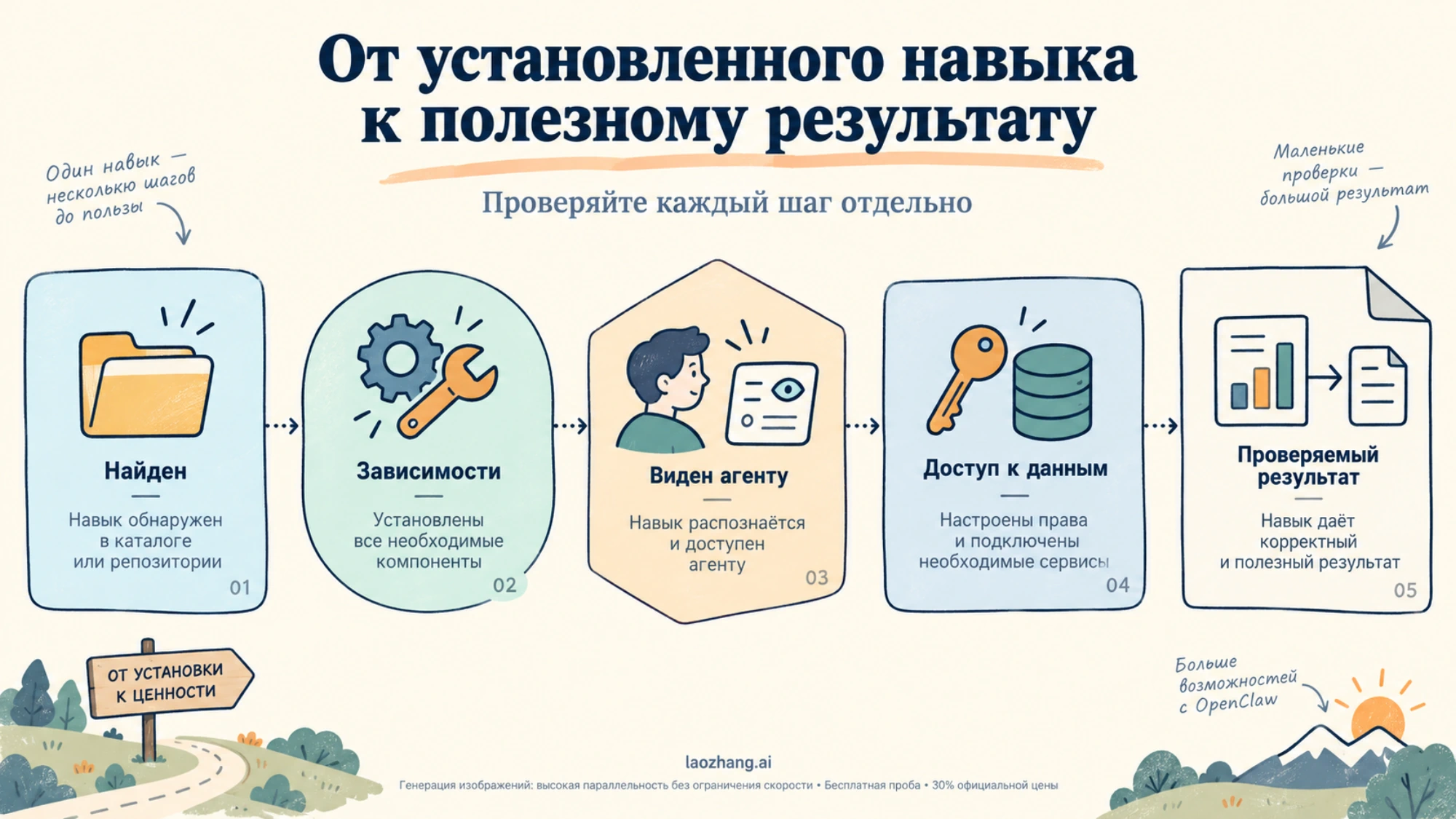 Условия использования навыка OpenClaw: обнаружение, зависимости, видимость агенту, доступ к данным и проверка результата