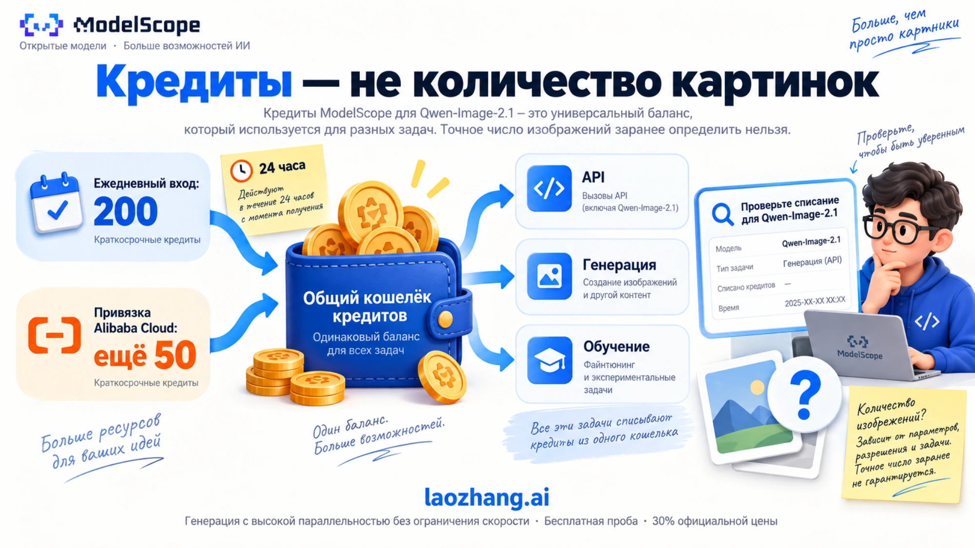 Иллюстрация общего баланса ModelScope: ежедневные начисления, срок действия и расходование на разные задачи