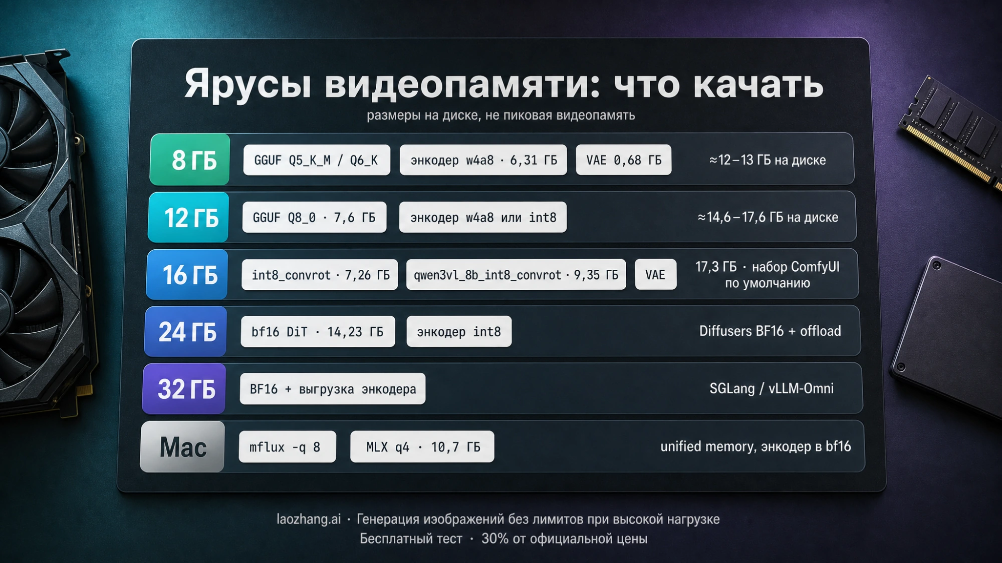 Ярусы видеопамяти для Qwen-Image-2.1: какой набор файлов брать на 8, 12, 16, 24, 32 ГБ и на Mac