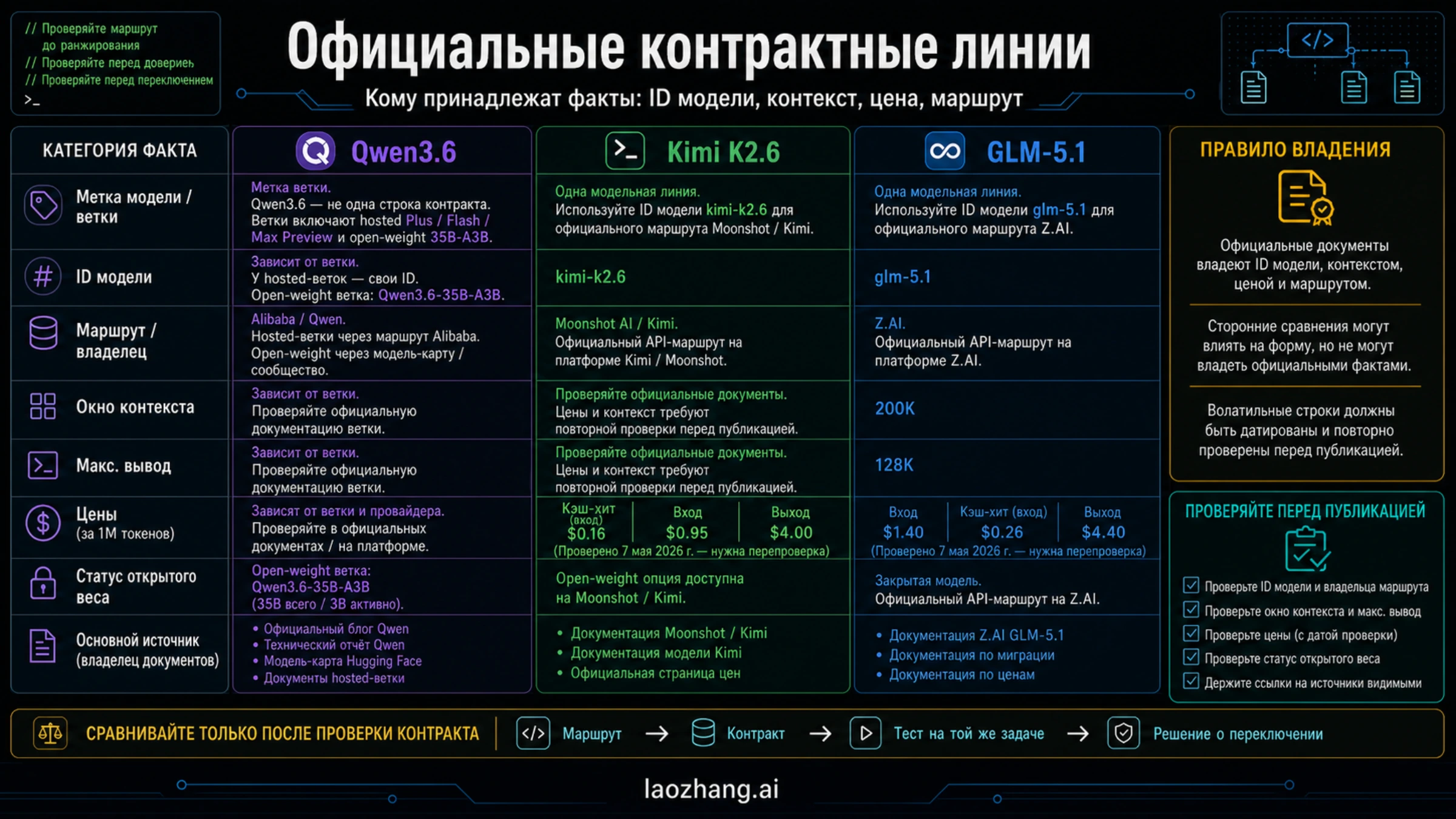 Official contract lanes for Qwen3.6, Kimi K2.6, and GLM-5.1 facts