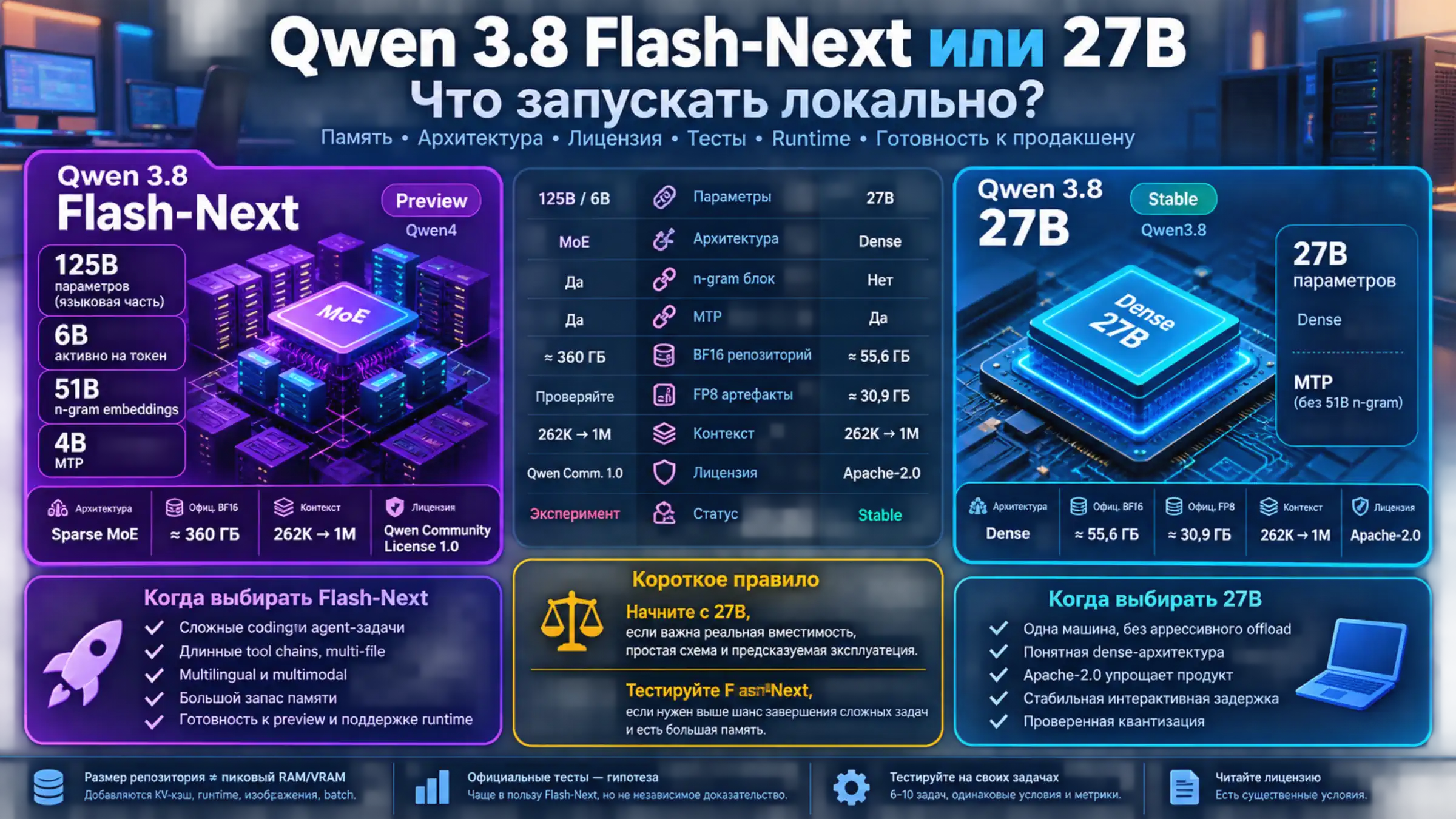 Схема выбора между Qwen3.8 Flash-Next и 27B для локального запуска