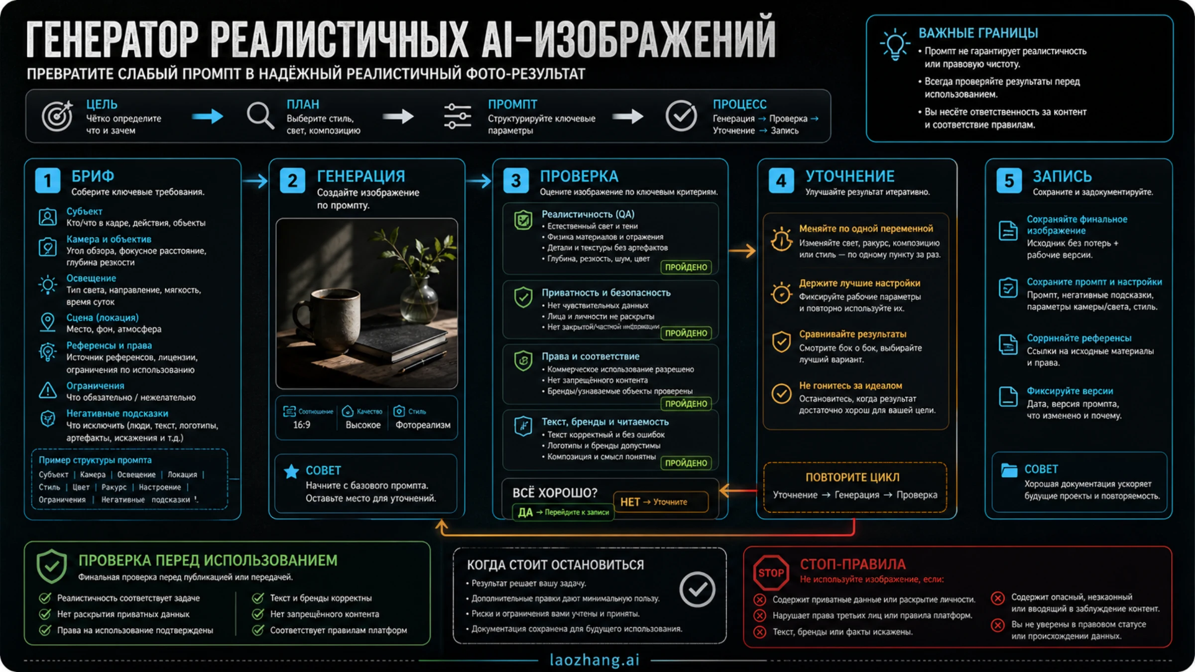 Рабочий процесс: бриф, генерация, проверка, уточнение, запись и проверка повторного использования