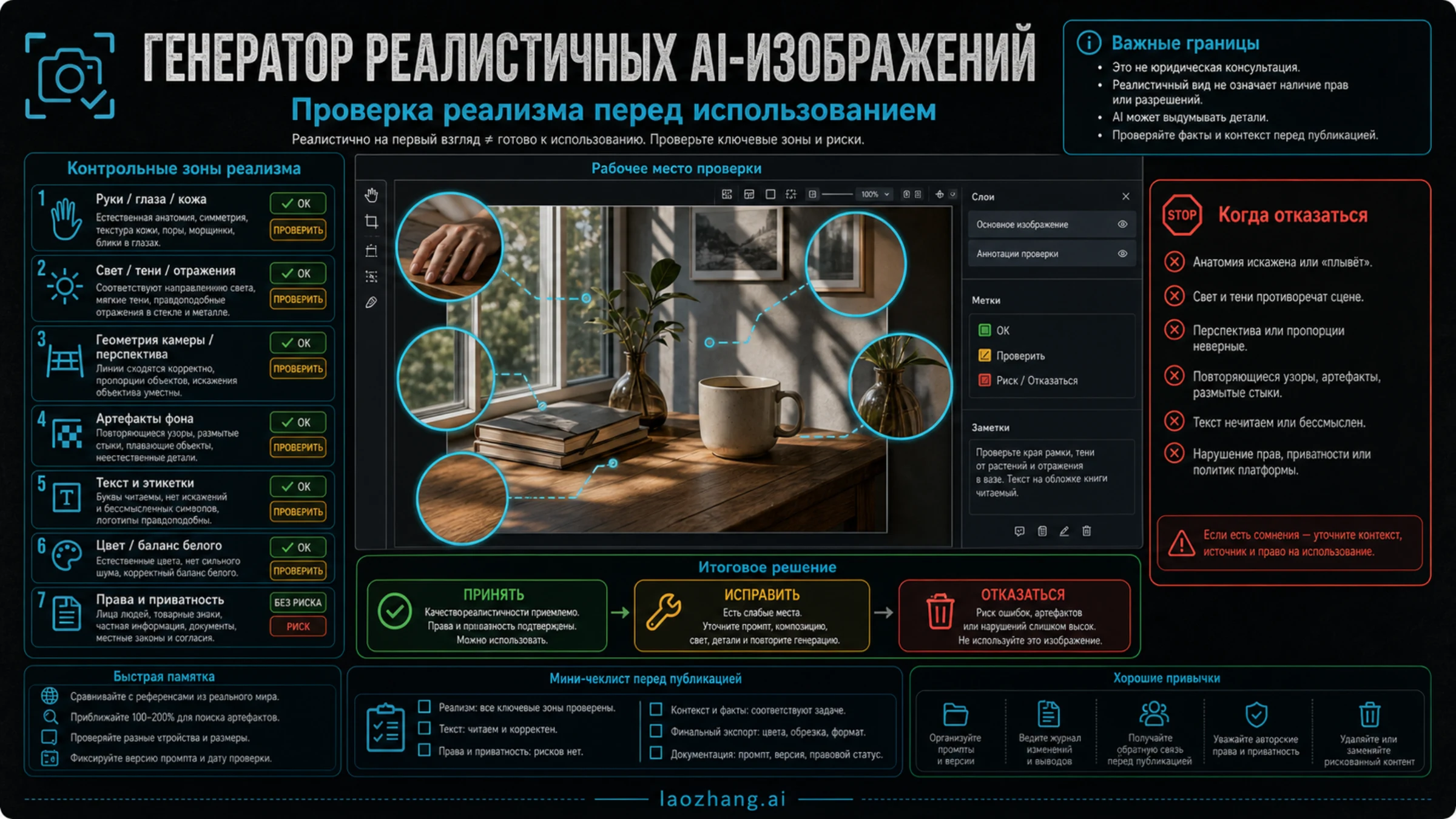 Таблица проверки реализма: руки, глаза, свет, перспектива, текст, права и приватность