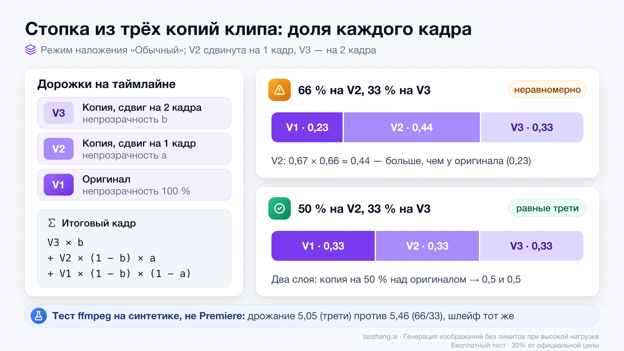 Доли кадров в стопке V1, V2, V3: при 66 % и 33 % получается 0,23, 0,44 и 0,33, при 50 % и 33 % — по 0,33