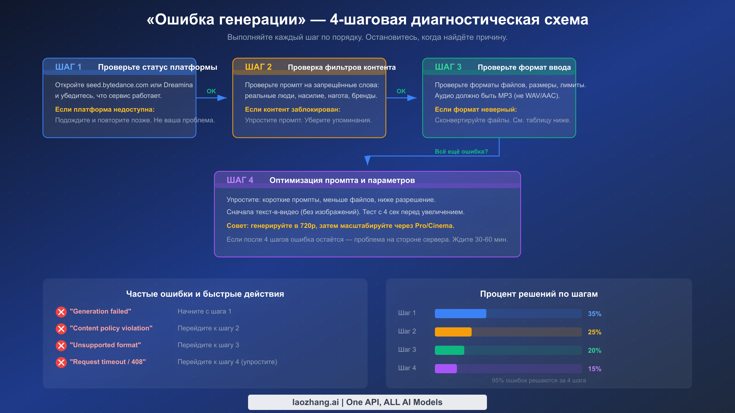 Диагностическая блок-схема из 4 шагов для исправления ошибки Generation Failed в Seedance 2.0