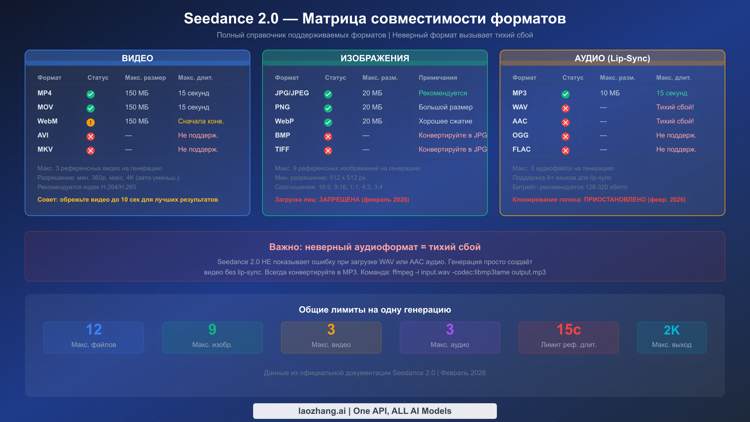 Матрица совместимости форматов Seedance 2.0 с указанием поддерживаемых форматов видео, изображений и аудио
