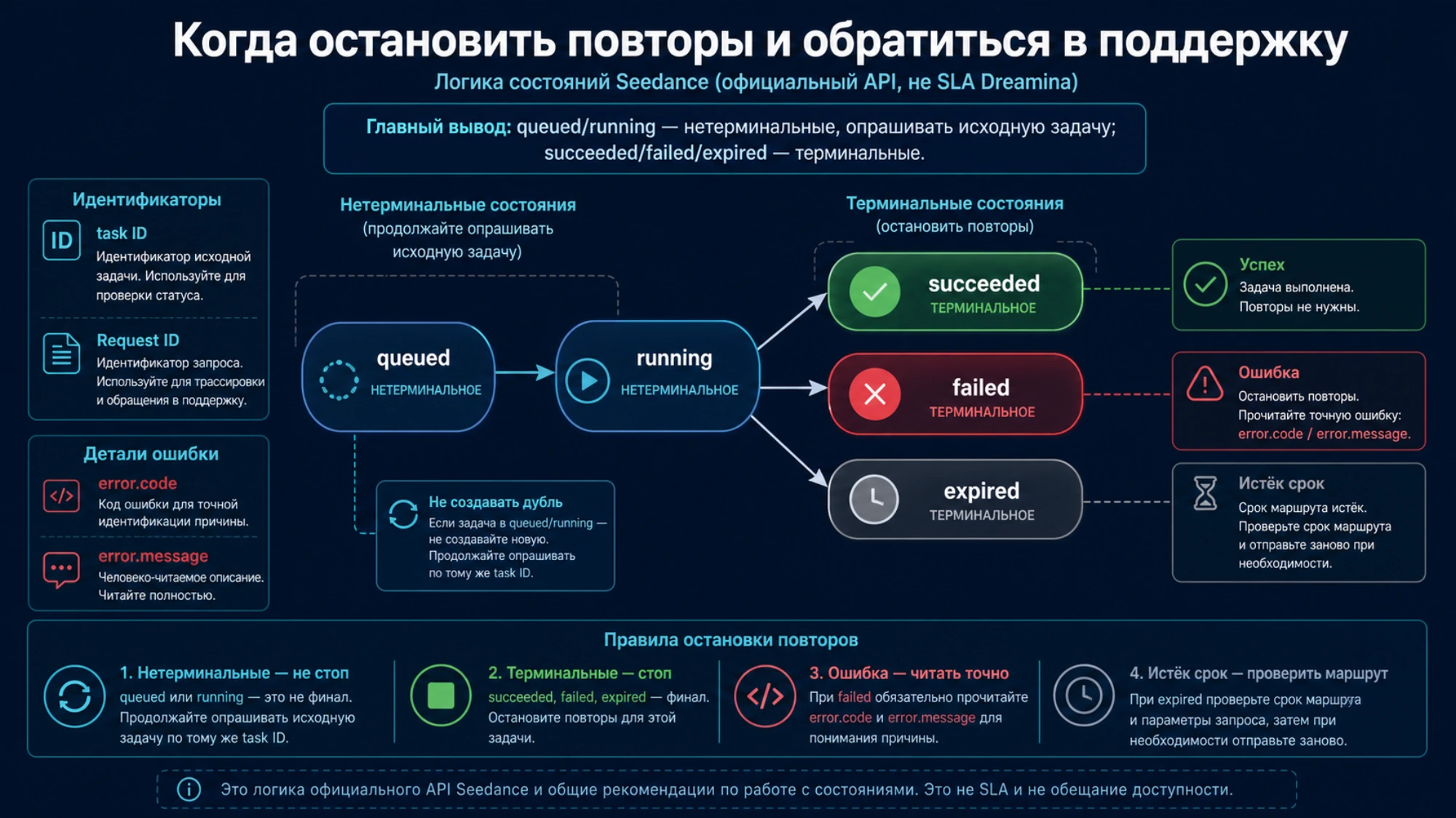 Состояния задачи Seedance API от queued и running до succeeded, failed или expired с правилами остановки