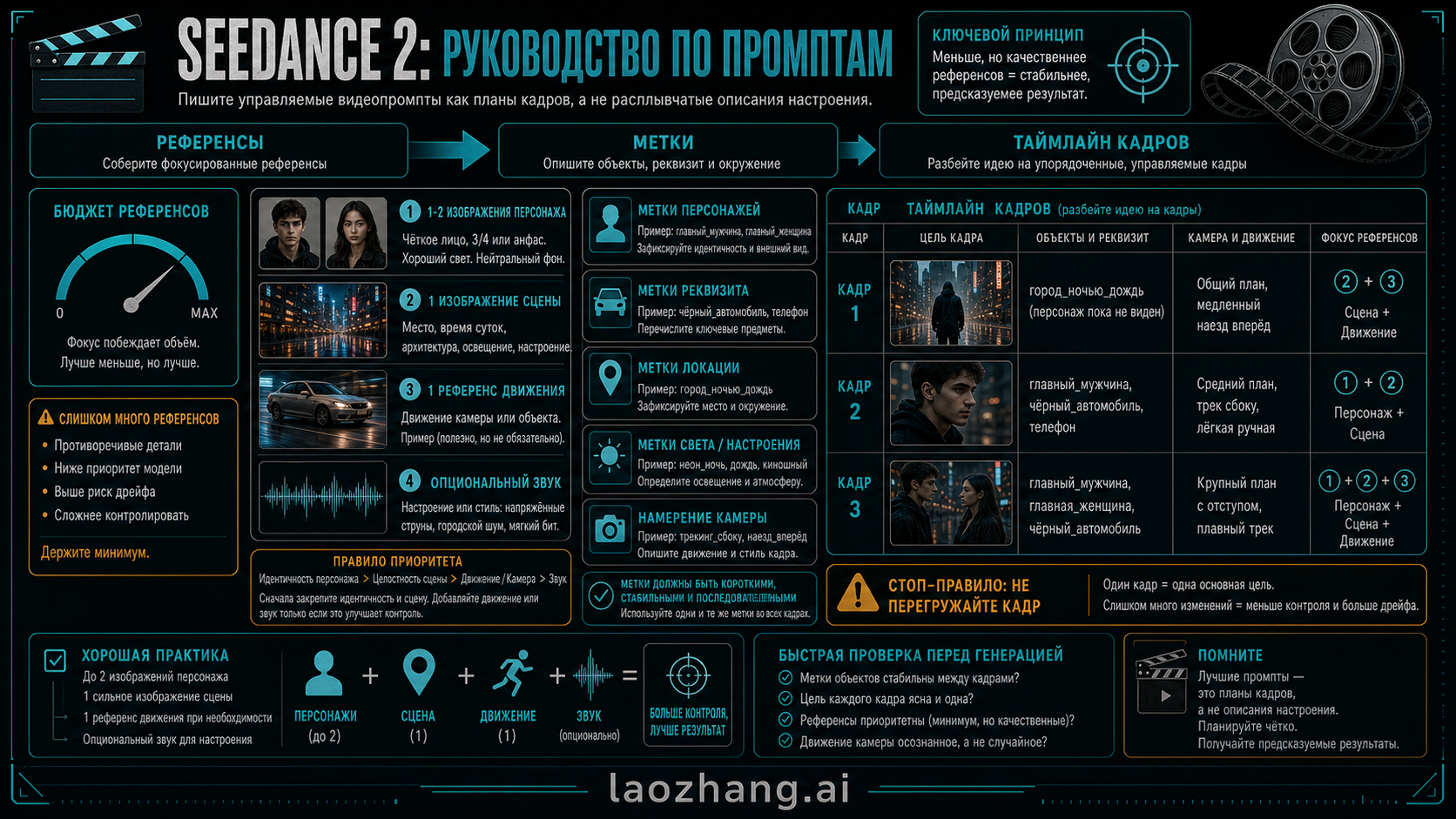 Русский планировщик референсов и кадров Seedance 2 с бюджетом, метками и таймлайном