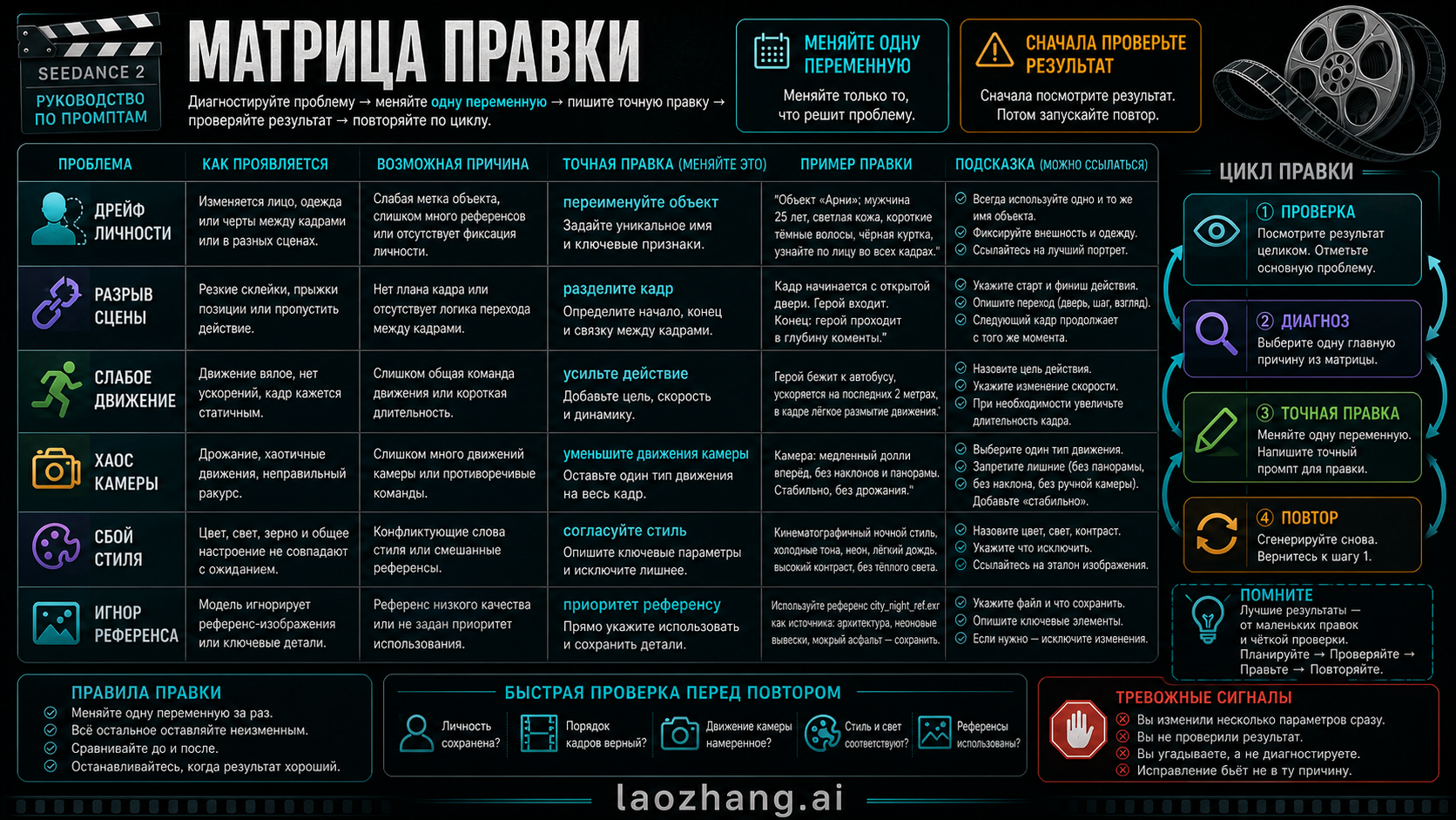 Русская матрица правки Seedance 2 для дрейфа личности, разрыва сцены, хаоса камеры и игнора референса