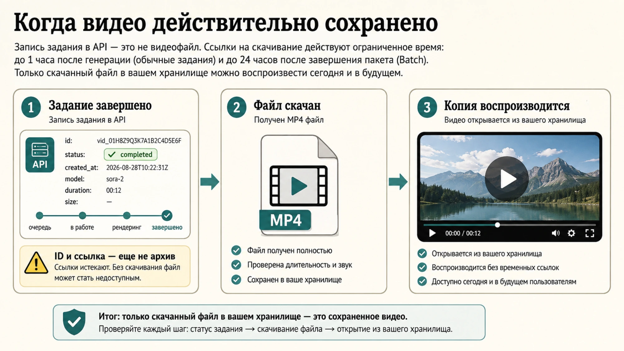 Три этапа сохранения видео: завершенное задание, скачанный MP4 и воспроизводимая копия в своем хранилище