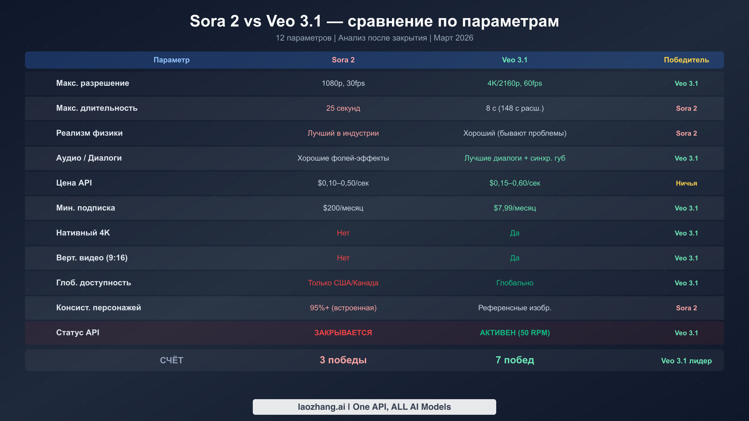 Сравнение Sora 2 и Veo 3.1 по 12 параметрам