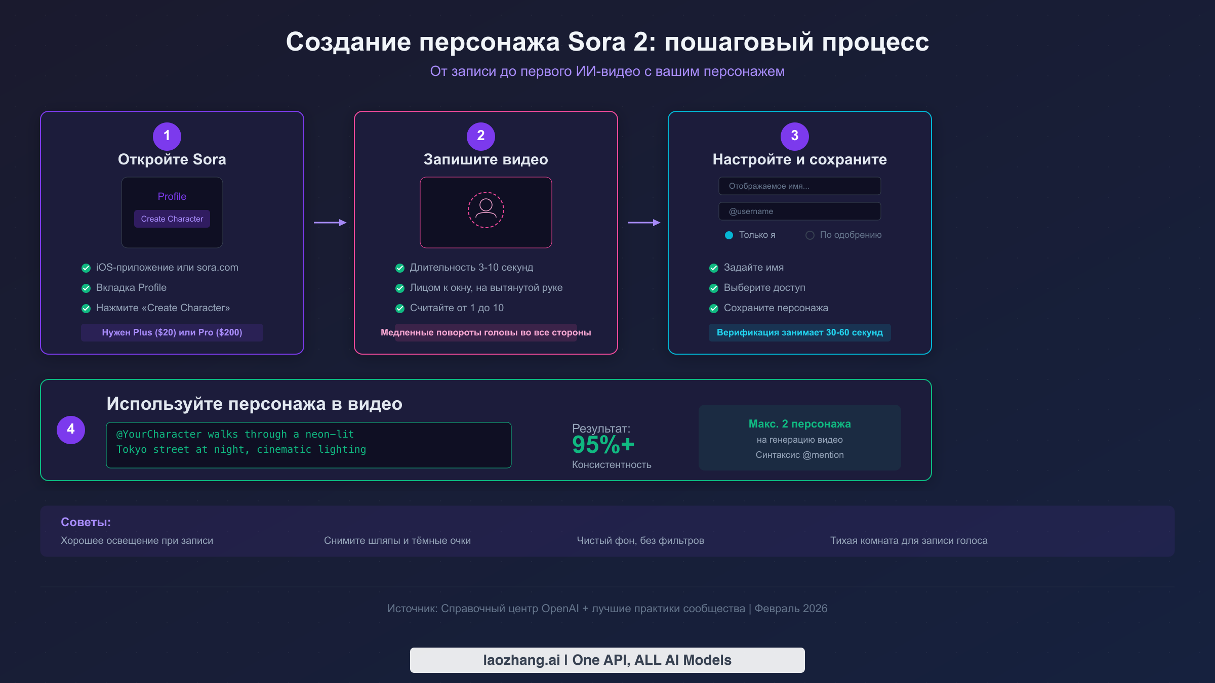 Пошаговая схема четырёх этапов создания персонажа в Sora 2: от записи до генерации видео