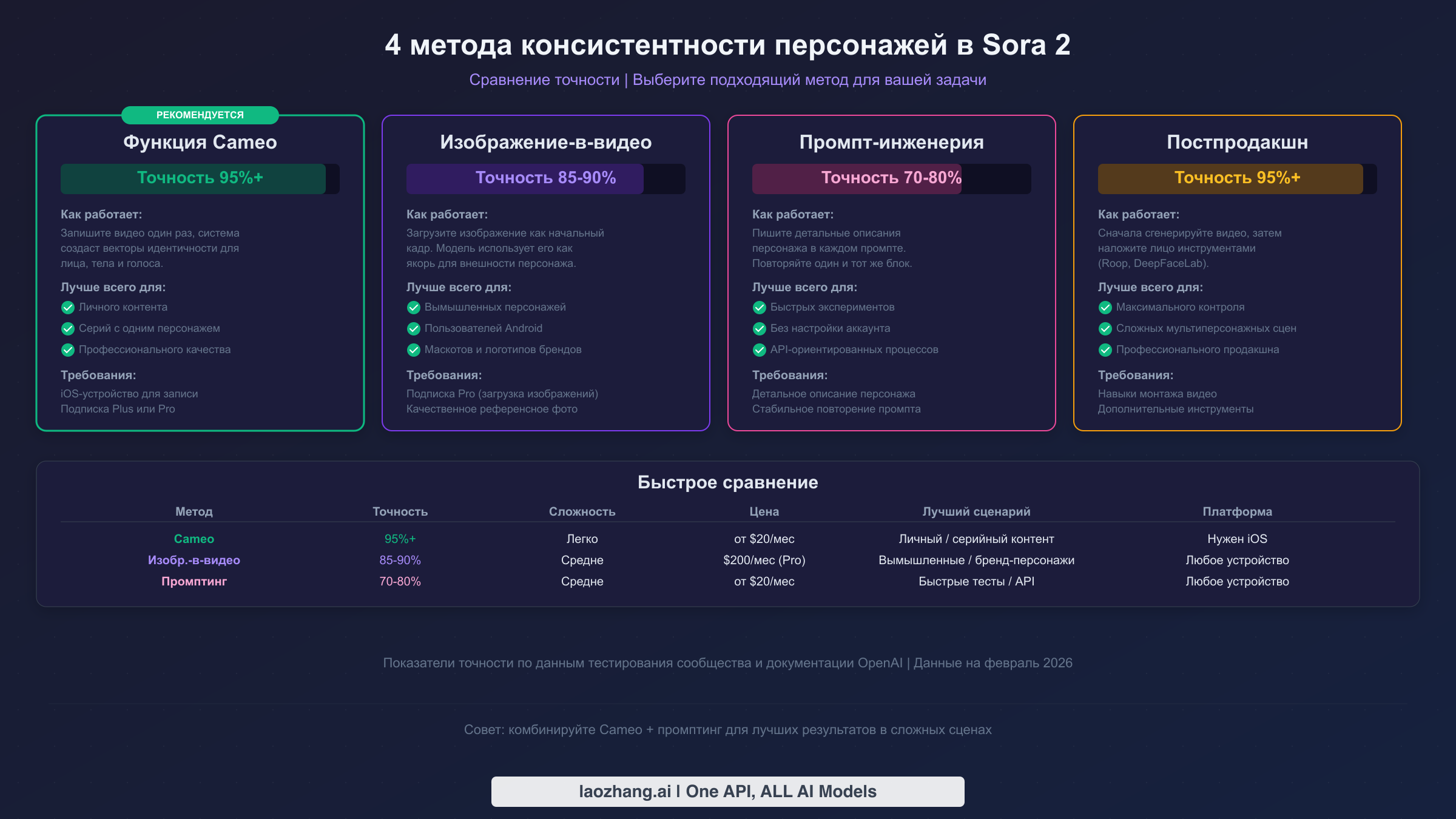 Сравнение четырёх методов консистентности персонажей в Sora 2 с показателями точности от 70% до 95%
