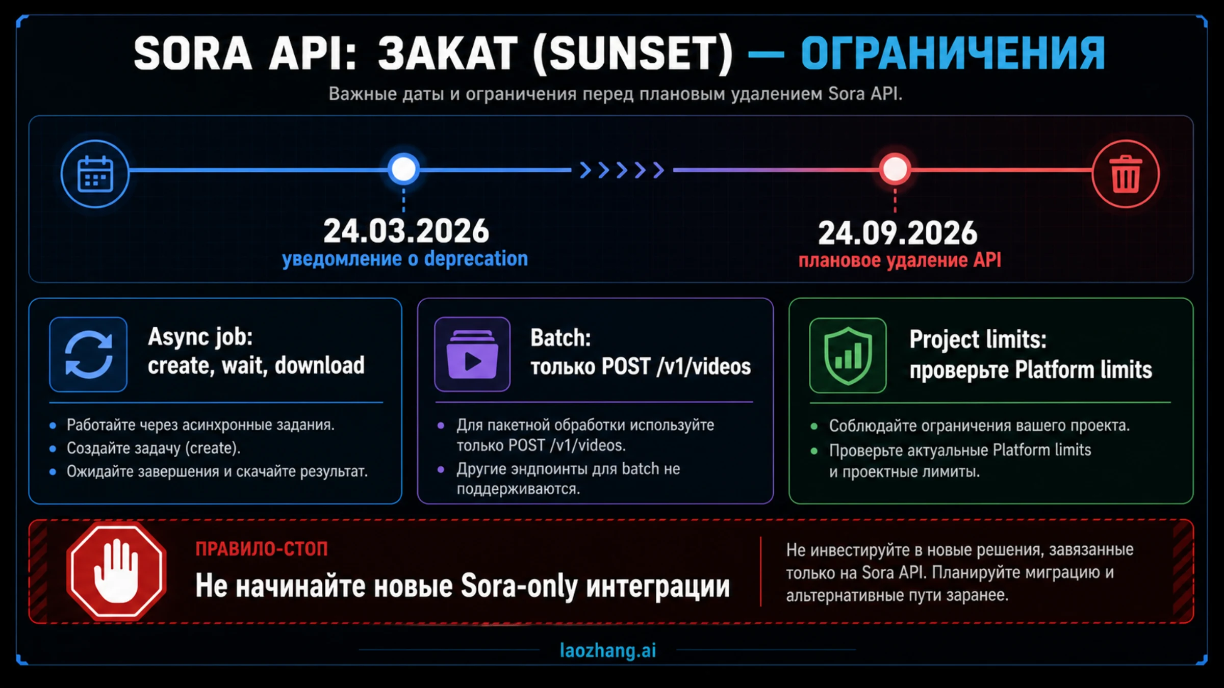 Схема завершения Sora API с датой удаления, асинхронными заданиями, Batch и правилом миграции