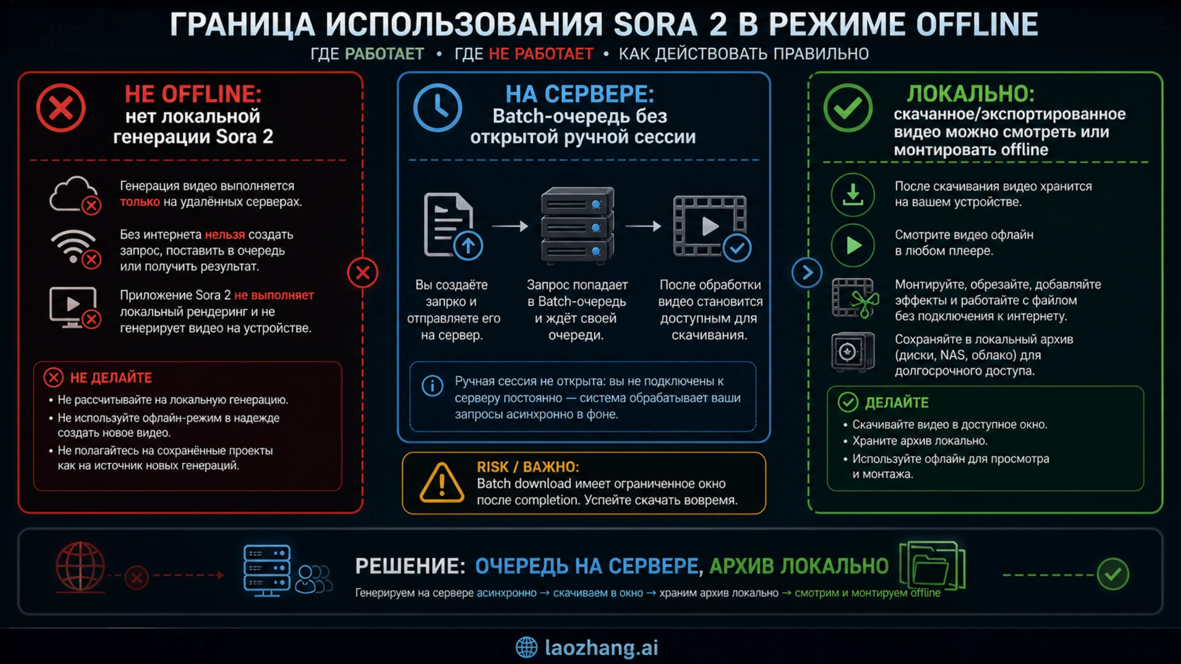 Схема офлайн-границ Sora 2: локальная генерация, Batch-очередь, скачанное видео и окно загрузки