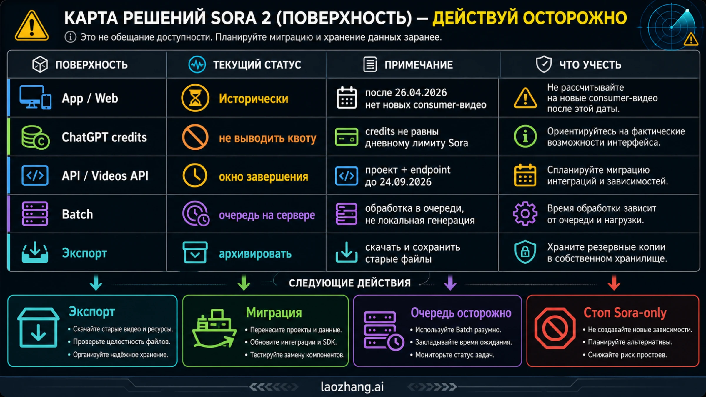 Карта поверхностей Sora 2 с историческими лимитами, API-ограничениями, экспортом и миграцией