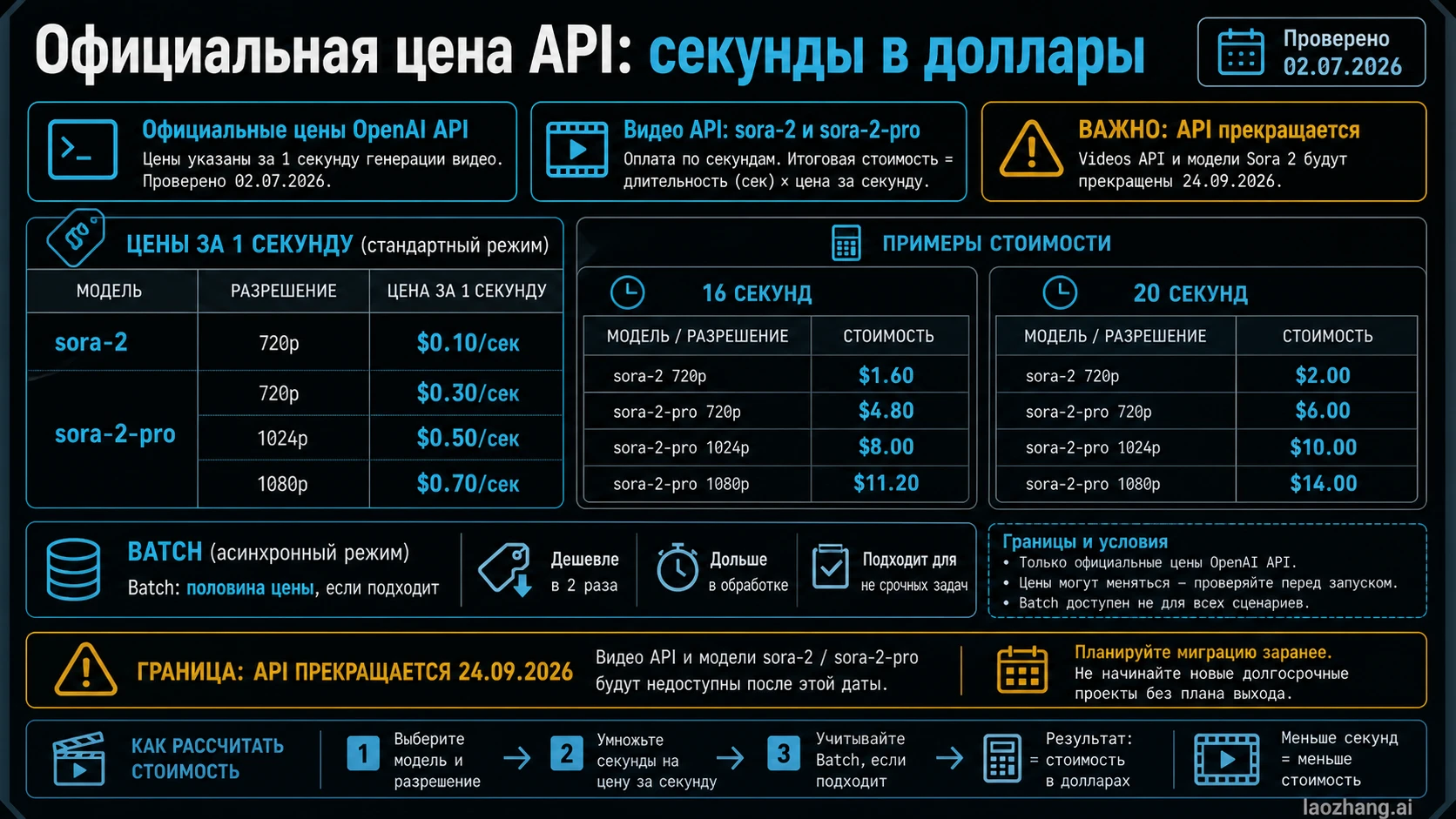 Калькулятор стоимости Sora 2 API с официальными секундными строками