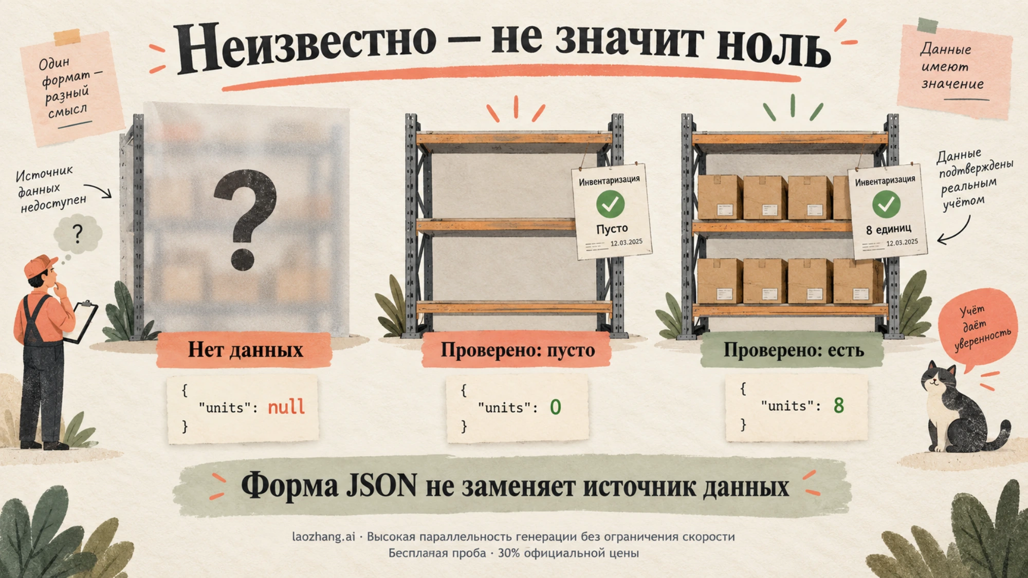 Иллюстрация различия между неизвестным остатком, подтверждённым нулём и известным количеством