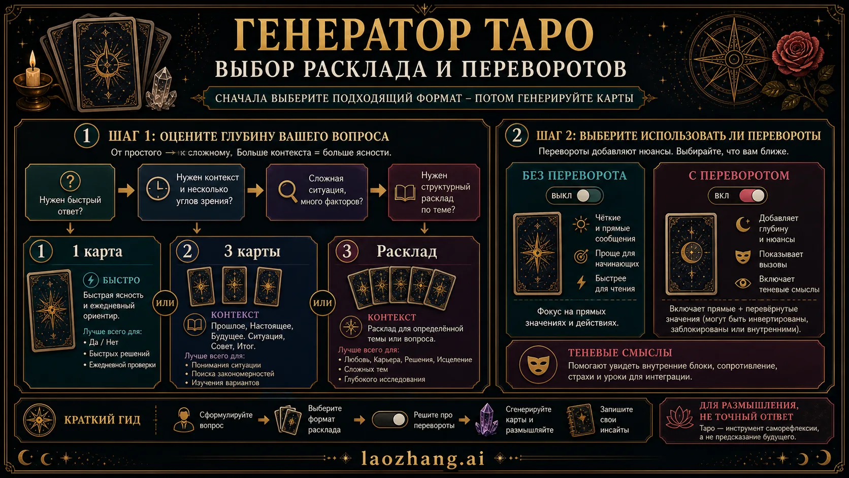 Карта выбора между одной картой, тремя картами, именованным раскладом и перевернутыми позициями