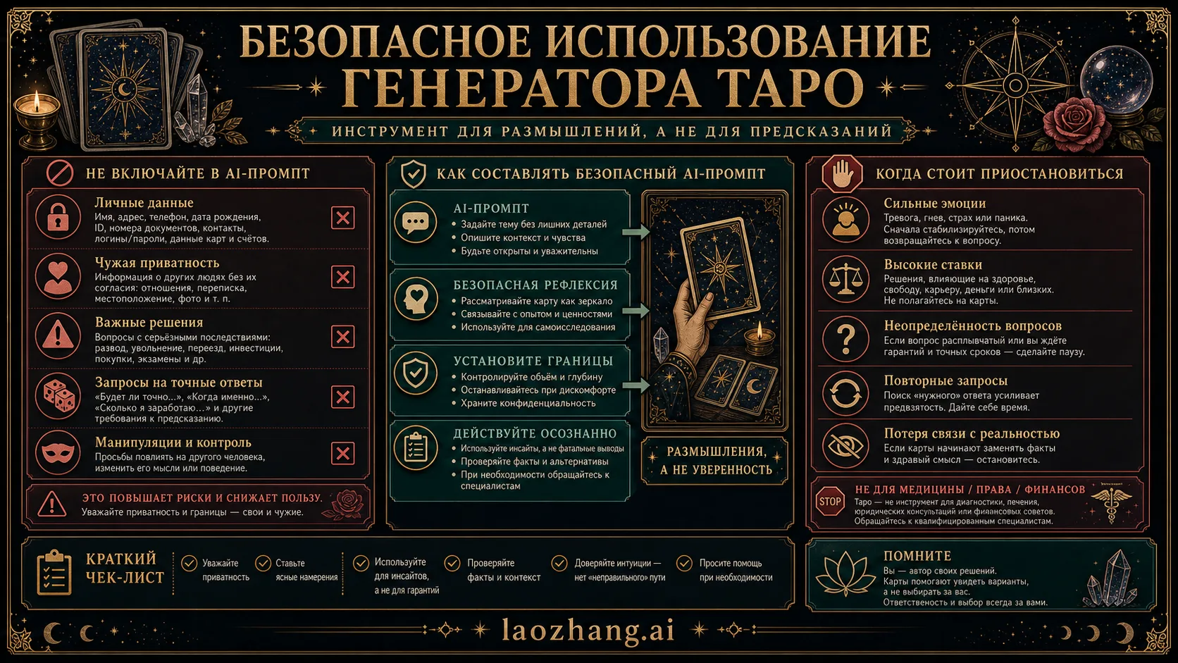 Памятка по приватности и стоп-правилам для AI-разбора карт Таро