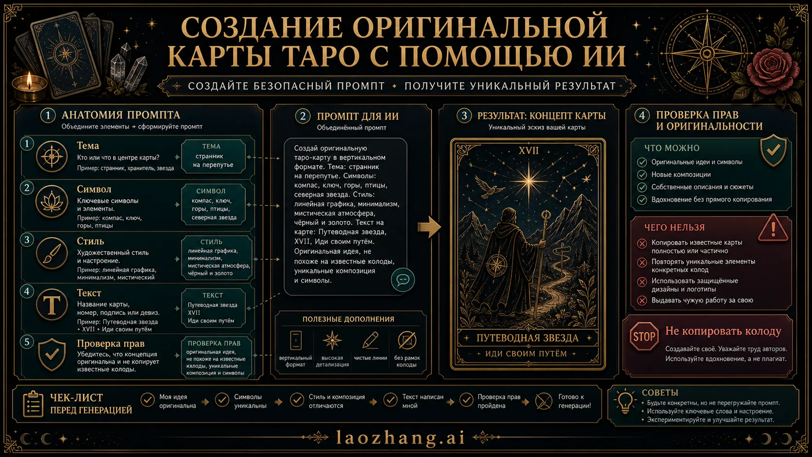 Структура prompt для оригинальной карты в стиле Таро и проверка прав