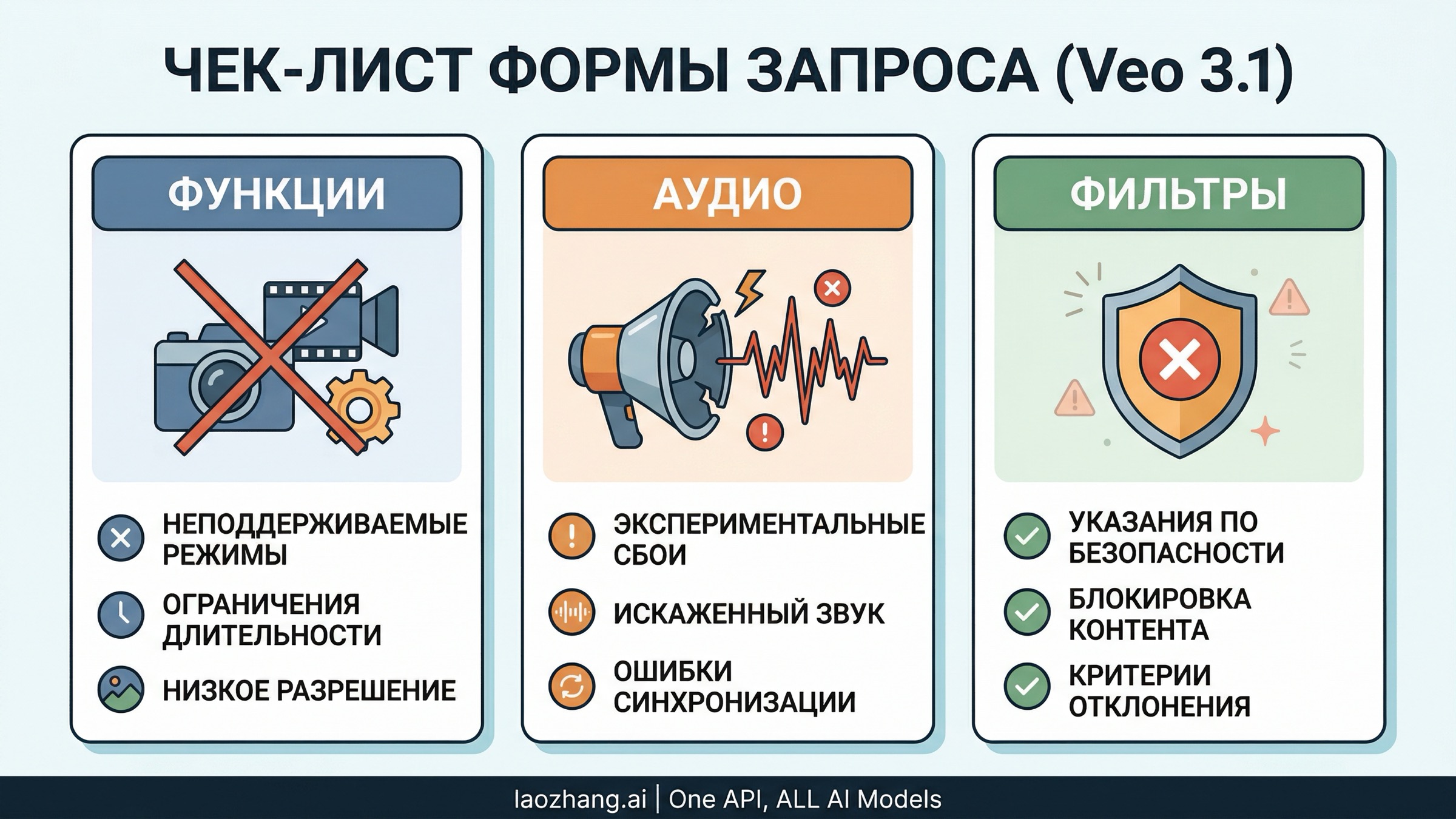 Панель проверки функций и аудио для Google Veo 3.1 с ограничением landscape-only для Extend и шагами изоляции аудио