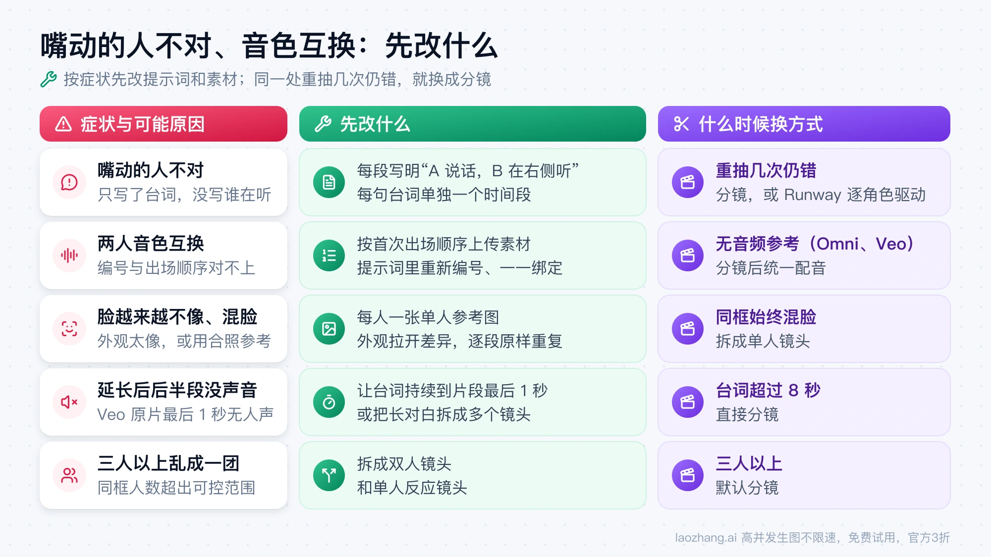 多角色对话常见失败的修法：嘴动的人不对、音色互换、混脸、延长后没声音、三人以上混乱，各自先改什么、什么时候换成分镜